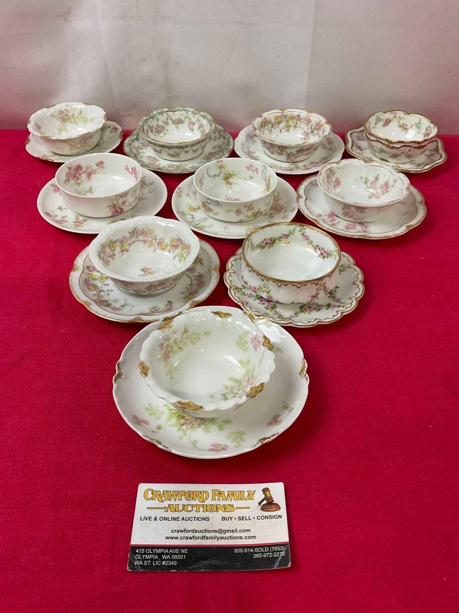 Haviland & Theodore H. Limoges Cups & Saucers, 10 each of a variety of floral handpainted patterns: A few are marked S. Sternheim & Son San Francisco, Nathan Dohmann Co. Appears to be in good shape. All of the pieces are marked on the bottom. Handpainted by Limoges, Haviland, with some with extr