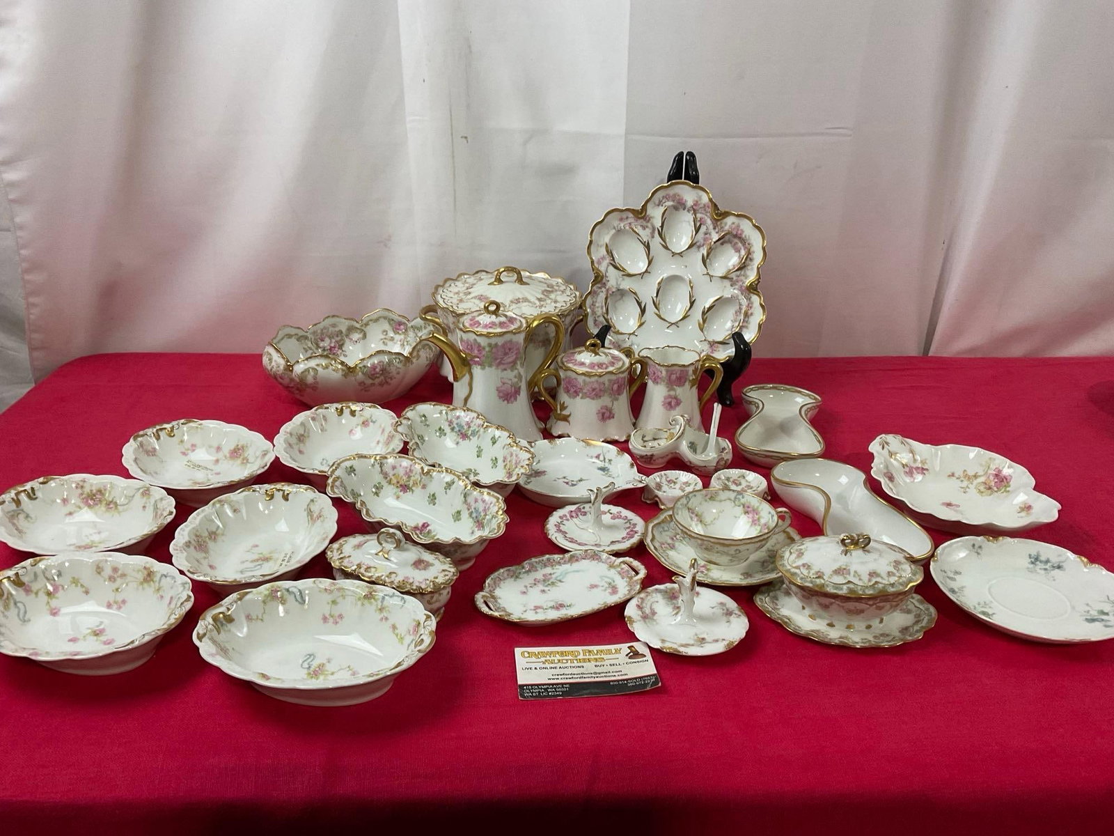 Haviland & Theodore H. Limoges, a variety of Pink floral handpainted patterns: Including several bowls, ring holders, oyster plate, teapot, creamer & sugar pot and more. A few are marked Greenwood Bros, Mermod & Jaccard Jewelry co, Missoula Mercantile, J.E. Caldwell &