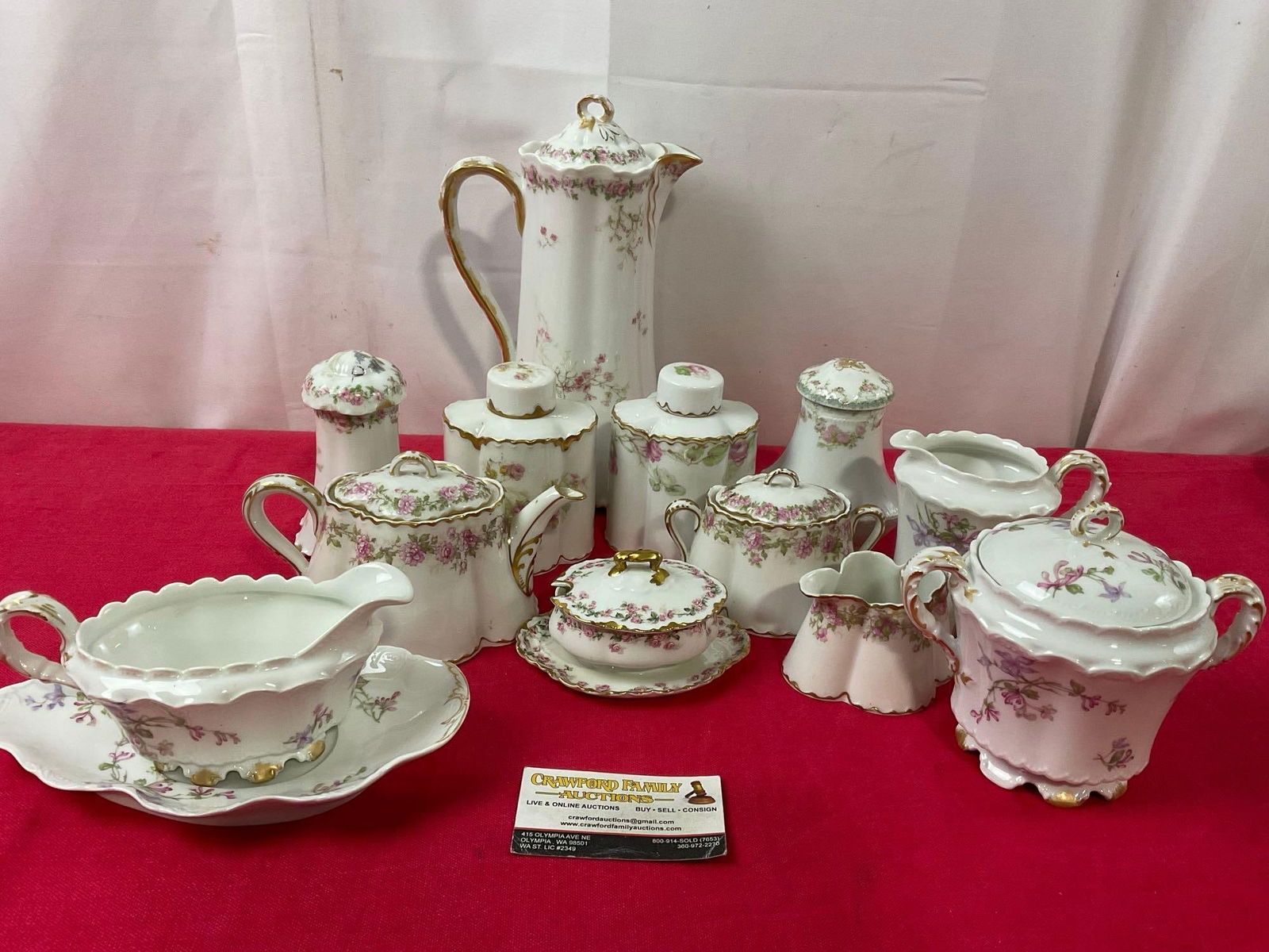 Haviland & Theodore H. Limoges, variety of pink floral handpainted patterns, 11 serving pieces (1 of 5)