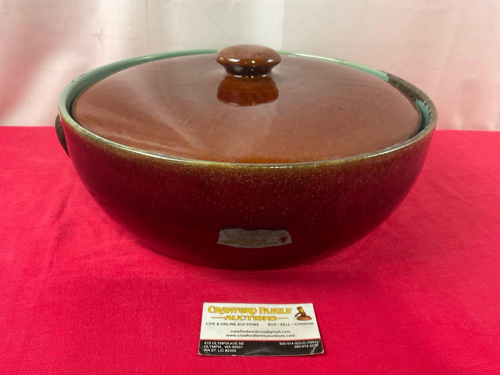 Vintage 1950s Louisville Country Fare Stoneware Pottery Casserole, 15 inches in diameter, w/ lid: The brown glaze goes from near the bottom to over the rim, blue inside, unglazed bottom. Could not find a marking, though it seems to be the Louisville Country Fare pattern. Appears to be in good shap