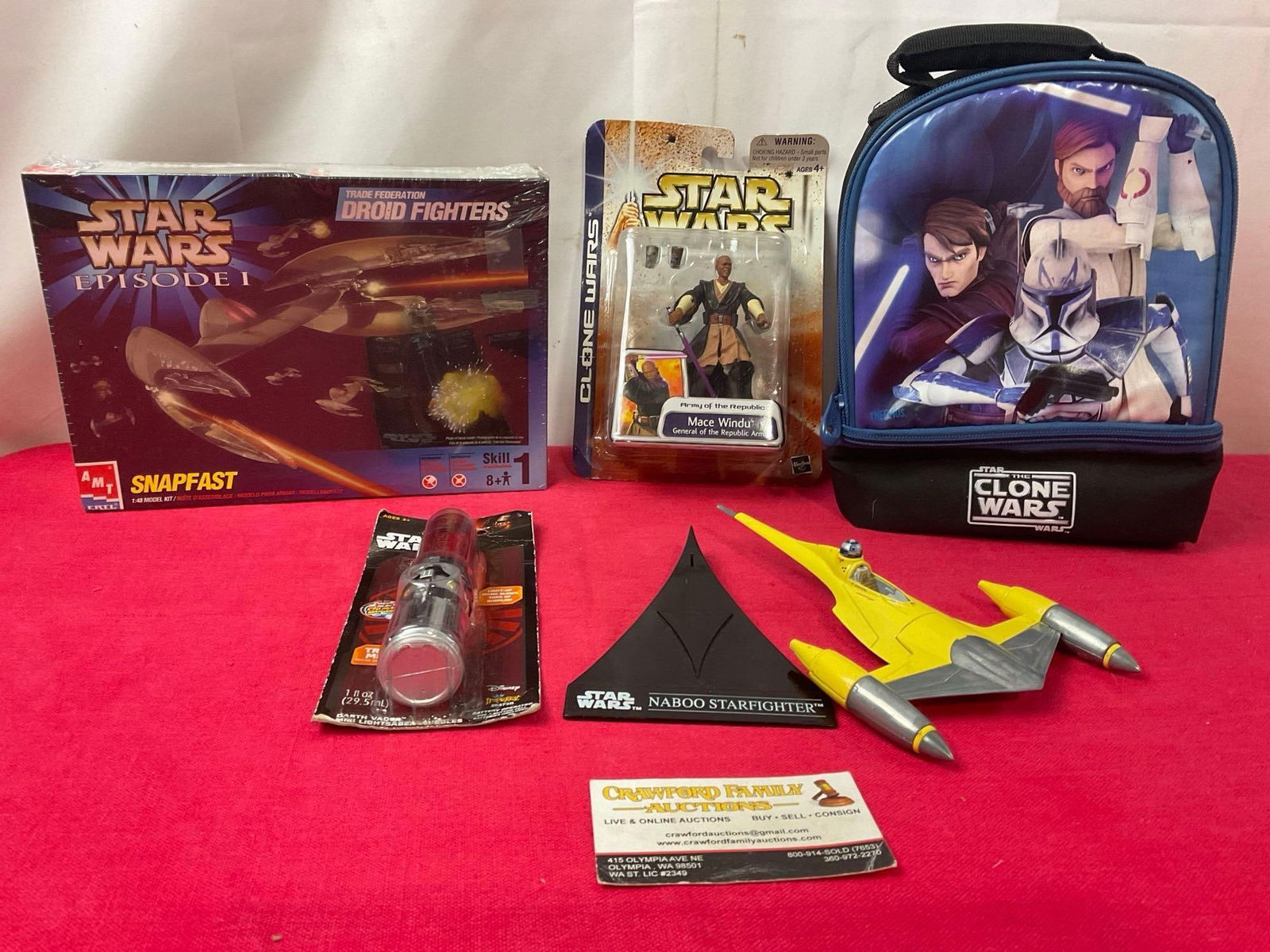 Asst Star Wars Toys, Droid Fighter Model Kit, Lunch Box, Mace Windu Figure, Naboo Starfighter (1 of 5)