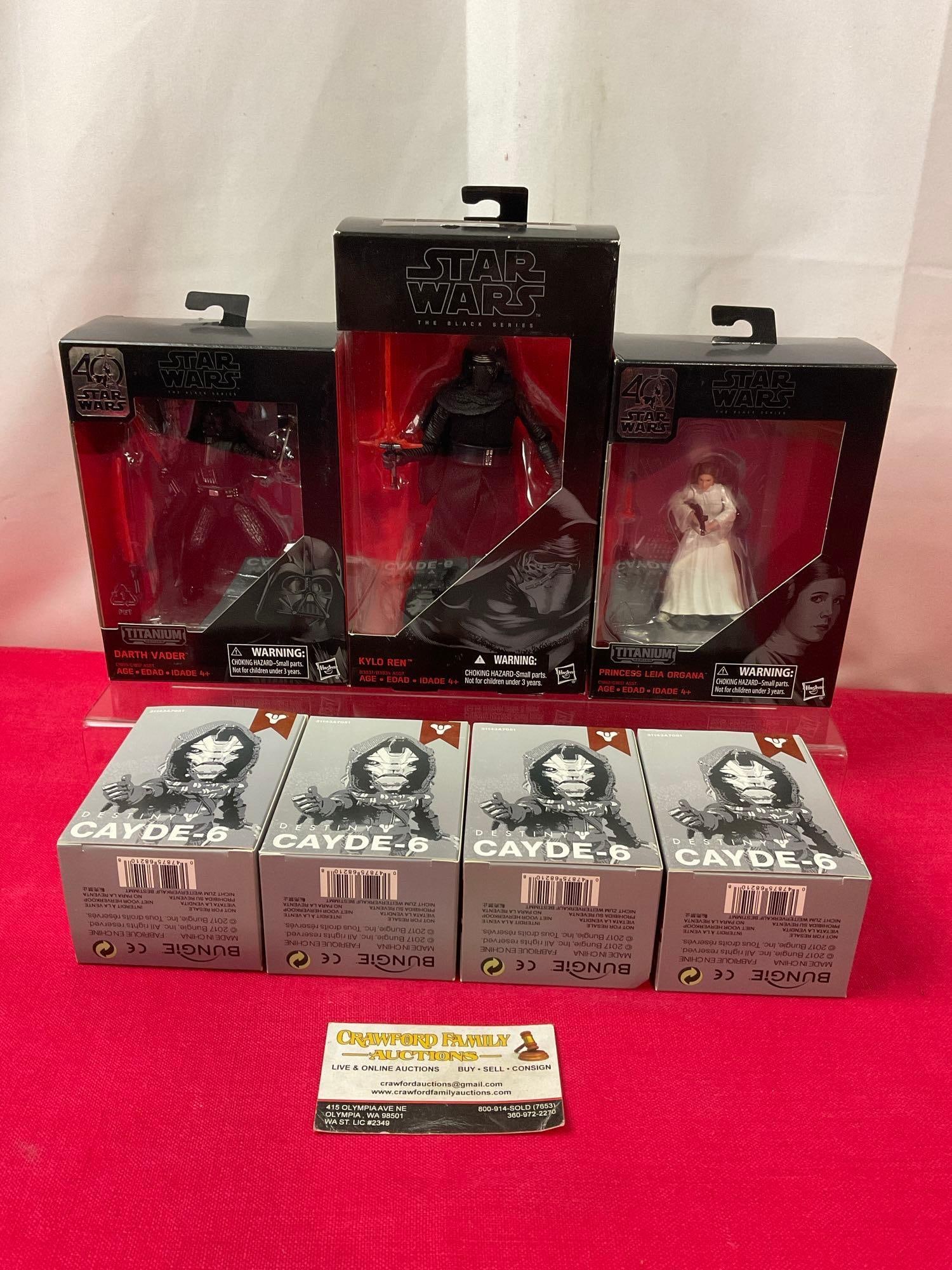 Trio of Star Wars Figures in box, Kylo Ren, Darth Vader & Leia Organa & 4 Cayde-6 Destiny Figures (1 of 6)