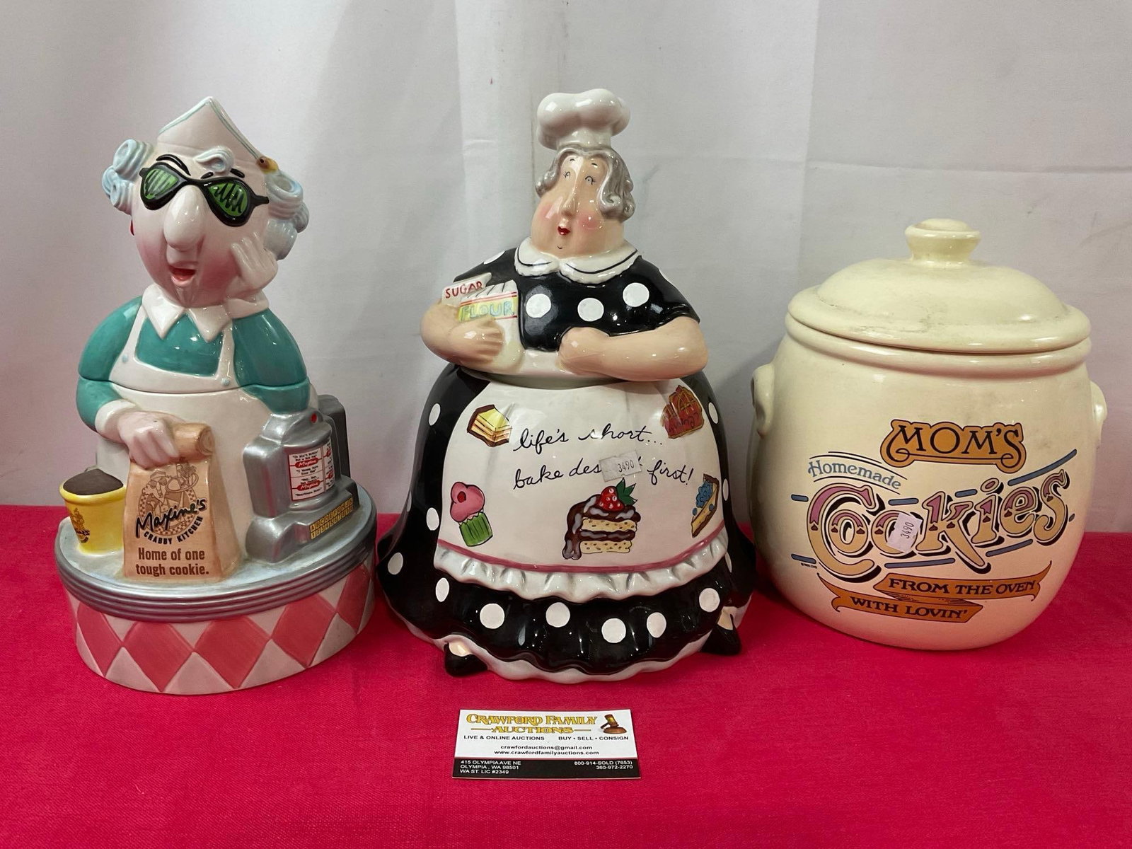 Trio of Cookie Jars, Hallmark Maxine, Moms Cookies 1985, Mud Pie Grandma, 12-14 inches: One marked Mudpie, the other is marked Maxine Hallmark. Appears to be in fair to good shape. The taller pieces measure approx 14 inches. See pics. E-3490