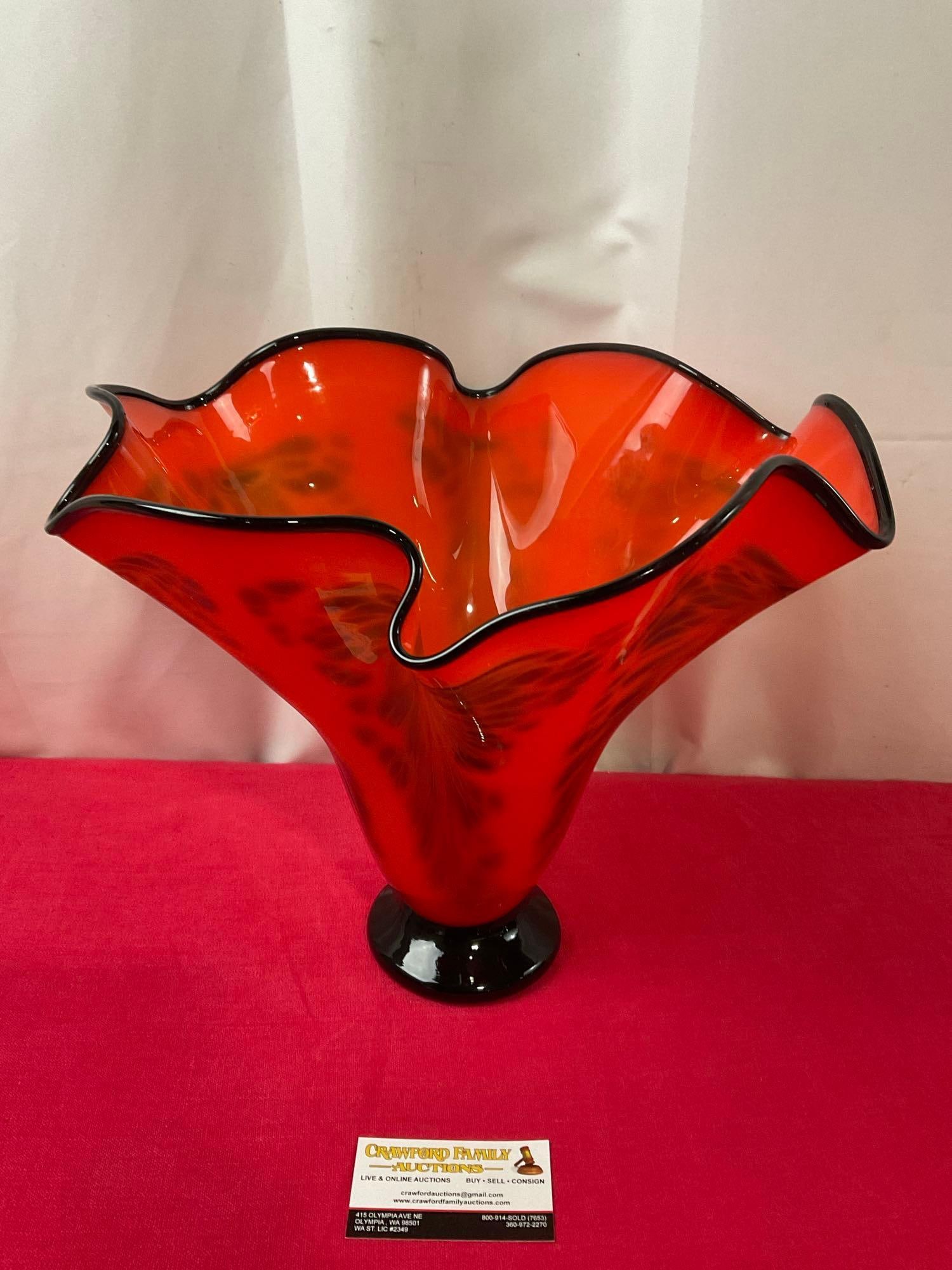 Frilled Art Glass Footed Vase, Orange w/ Black Base and Rim by Glass Quest artist Mark A. Ellinger (1 of 7)
