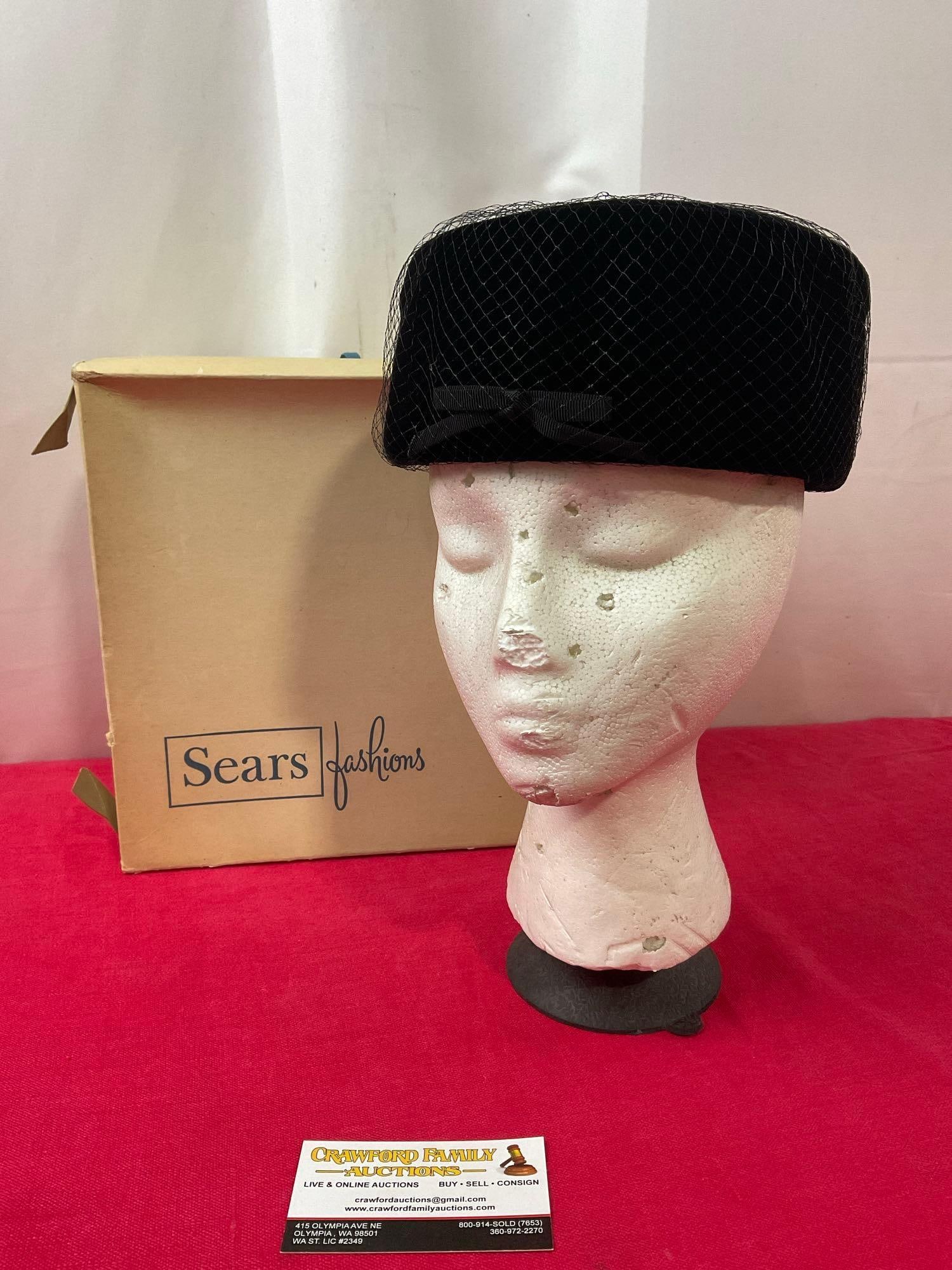 Vintage French Pill Box Hat, Sears Millinery Black Hat w/ Mesh in original box, 7 inches in diame... (1 of 6)