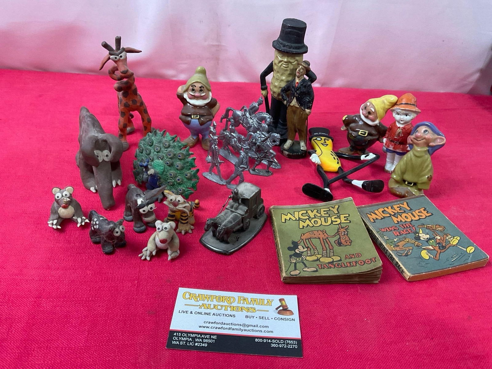 2 Mickey Mouse Books, Clay animals, Snow White Dwarves by Hagen Renaker, Cast Iron Mr. Peanut (1 of 9)