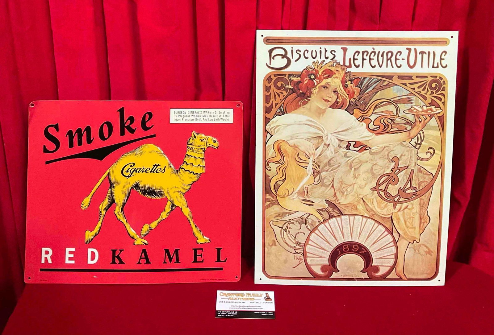 2 pcs Vintage Metal Signs w/ Antique Ad Reproductions. Mucha Biscuits & Red Kamel. See pics.: 2 pcs Vintage Metal Signs w/ Antique Ad Reproductions. Alphonse Mucha Biscuits & Red Kamel Cigarettes. Minor wear, condition is otherwise very good. Larger measures 12" x 16" Dm-3350