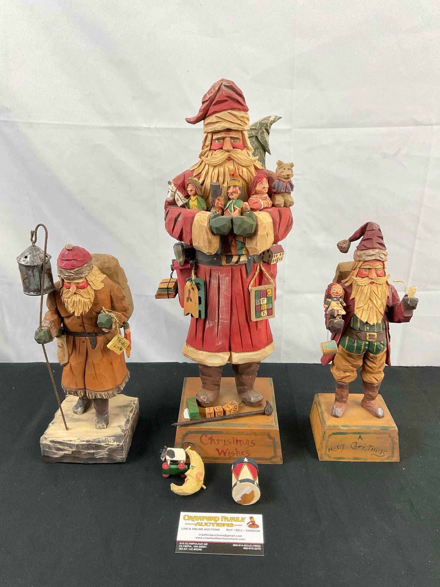 3 pcs Vintage Ltd Ed. Carved Wooden Santa Claus Statuettes, Signed V+S Rawson. See pics. (1 of 7)