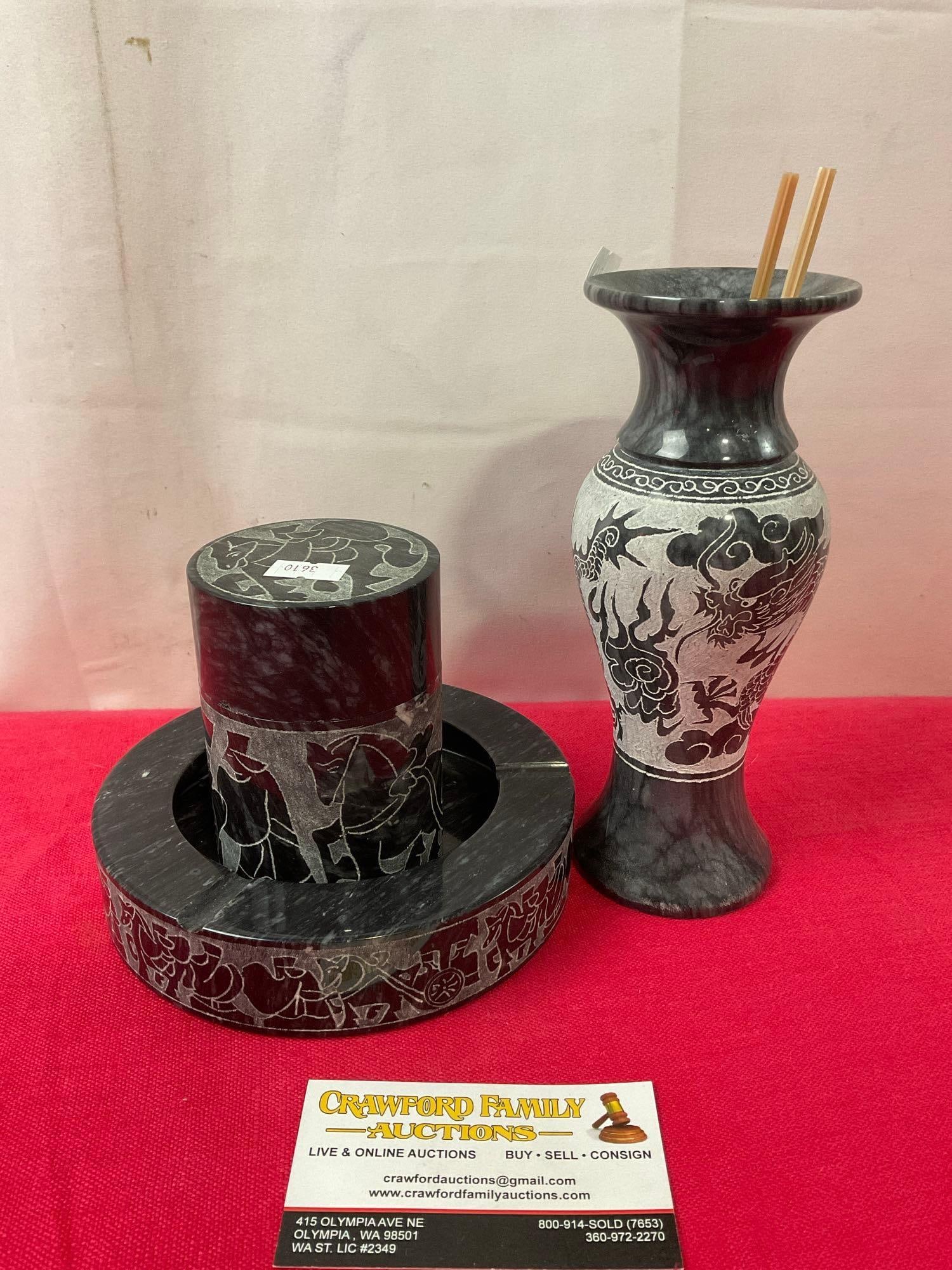 Etched Marble Ashtray, Tobacco Container & Urn, 7.5 inches, Gray marble Dragon & Nativity Scenes (1 of 4)