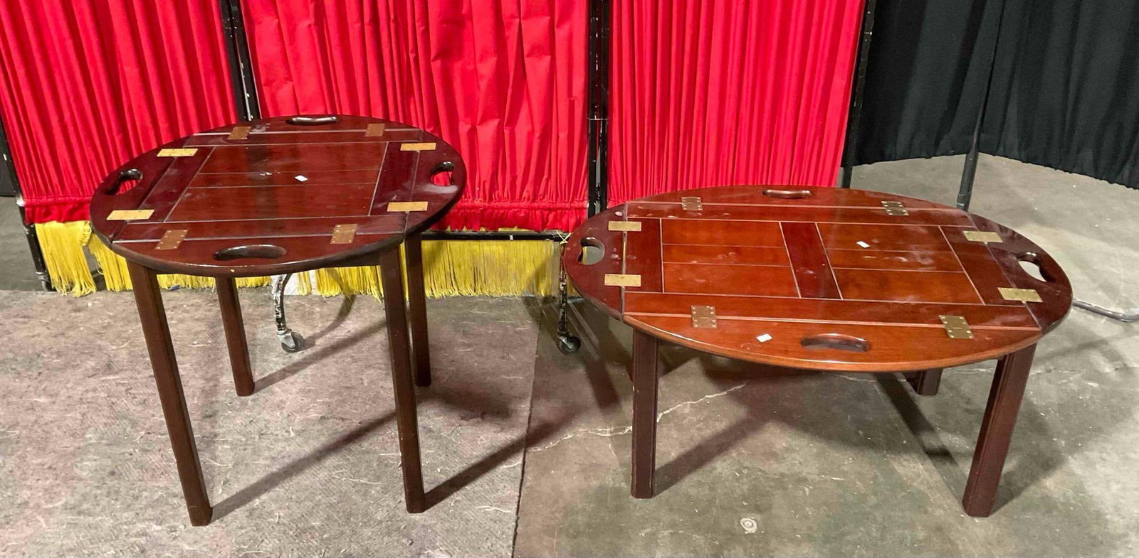 2 pcs Vintage Bombay Company Mahogany? Wood Butler Tray Tables w/ Folding Sides. See pics.: 2 pcs Vintage Bombay Company Mahogany? Wood Butler Tray Tables w/ Folding Sides. Minor wear indicative of age, condition is otherwise very good. Larger Measures 35" x 25" x 16" DM-3620 *Freight R