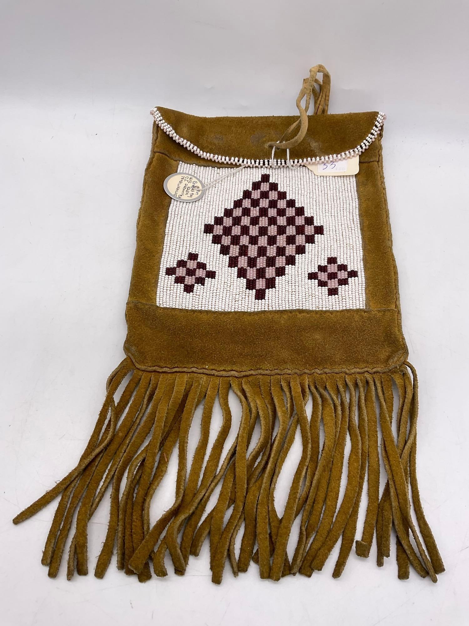 Very Fine Antique Native American Deerskin pouch w/ Decorative fringe & nice beadwork: 7"x13". T-1554