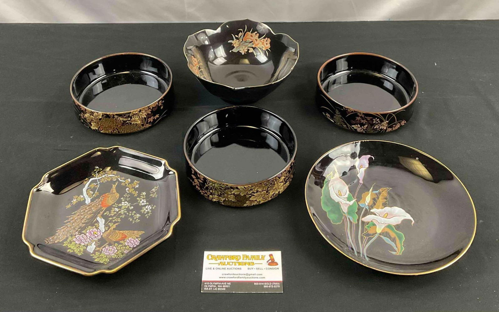 6 pcs Vintage Japanese Black & Gold Florals Ceramic Dish Assortment. Toyo, Action & More! See pics. (1 of 5)