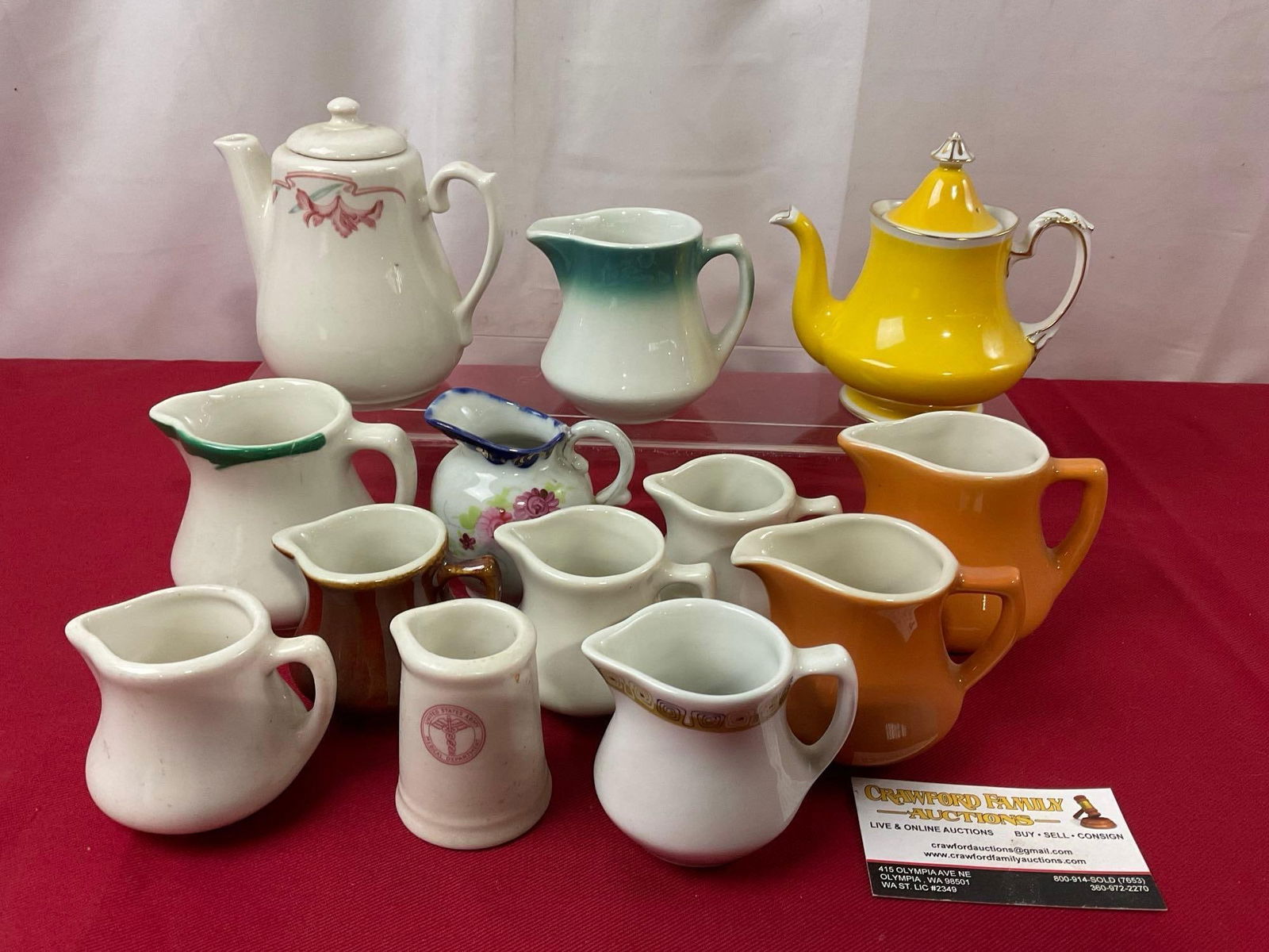 Variety of Teapots & Creamers, Shenango, Hall, H.F. Coors, Mayer, Noritake, & more: Appears to be in good shape. The largest piece measures approx 5 inches tall, most are about 2.5. See pics. E-3190
