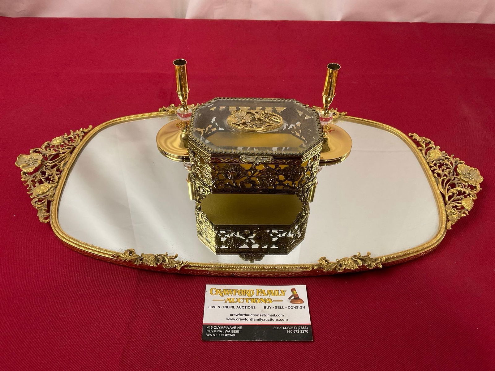 Brass Gilt Mirrored Tray, Jewelry Box, & Pair of Candlestick Holders, tray measures 10 x 20 in (1 of 8)