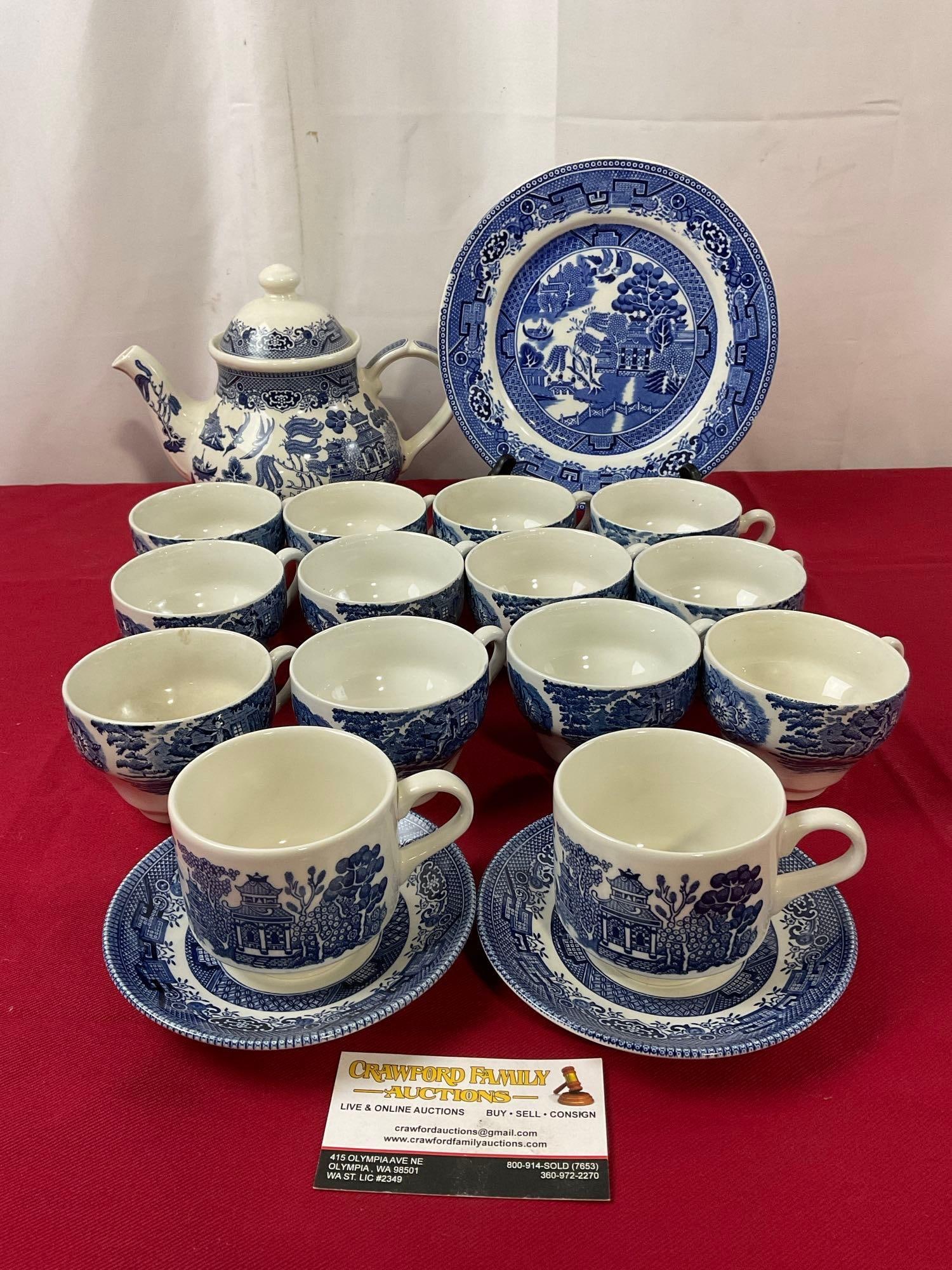 Blue Willow Wedgwood Plate, Churchill Fine English Transferware China, Teacups, 2 cups & saucers ... (1 of 7)