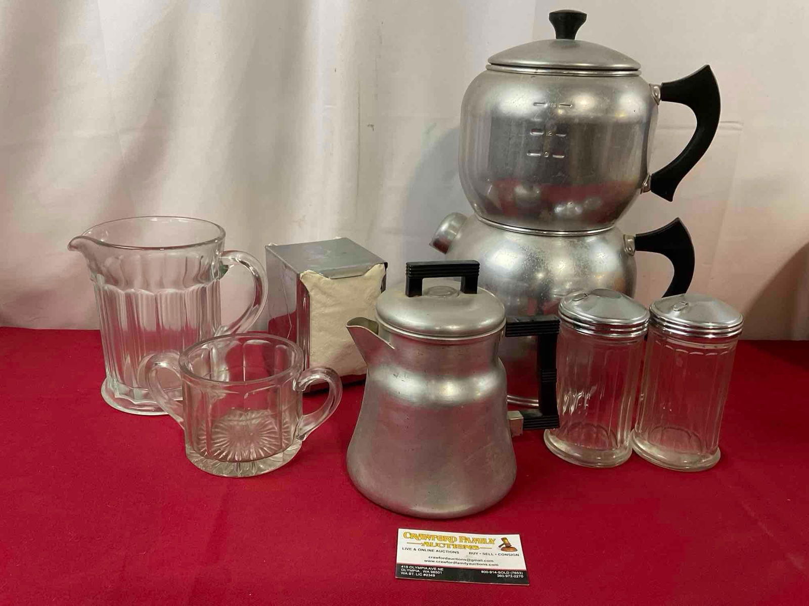 Vintage Kwik Drip Coffee Maker, Pitcher, Napkin Holder, pair of Sugar containers, Coffee Pot: Appears to be in good shape. The largest piece a Kwik Drip Coffee Maker, measures approx 15 inches tall when assembled. See pics. E-3190