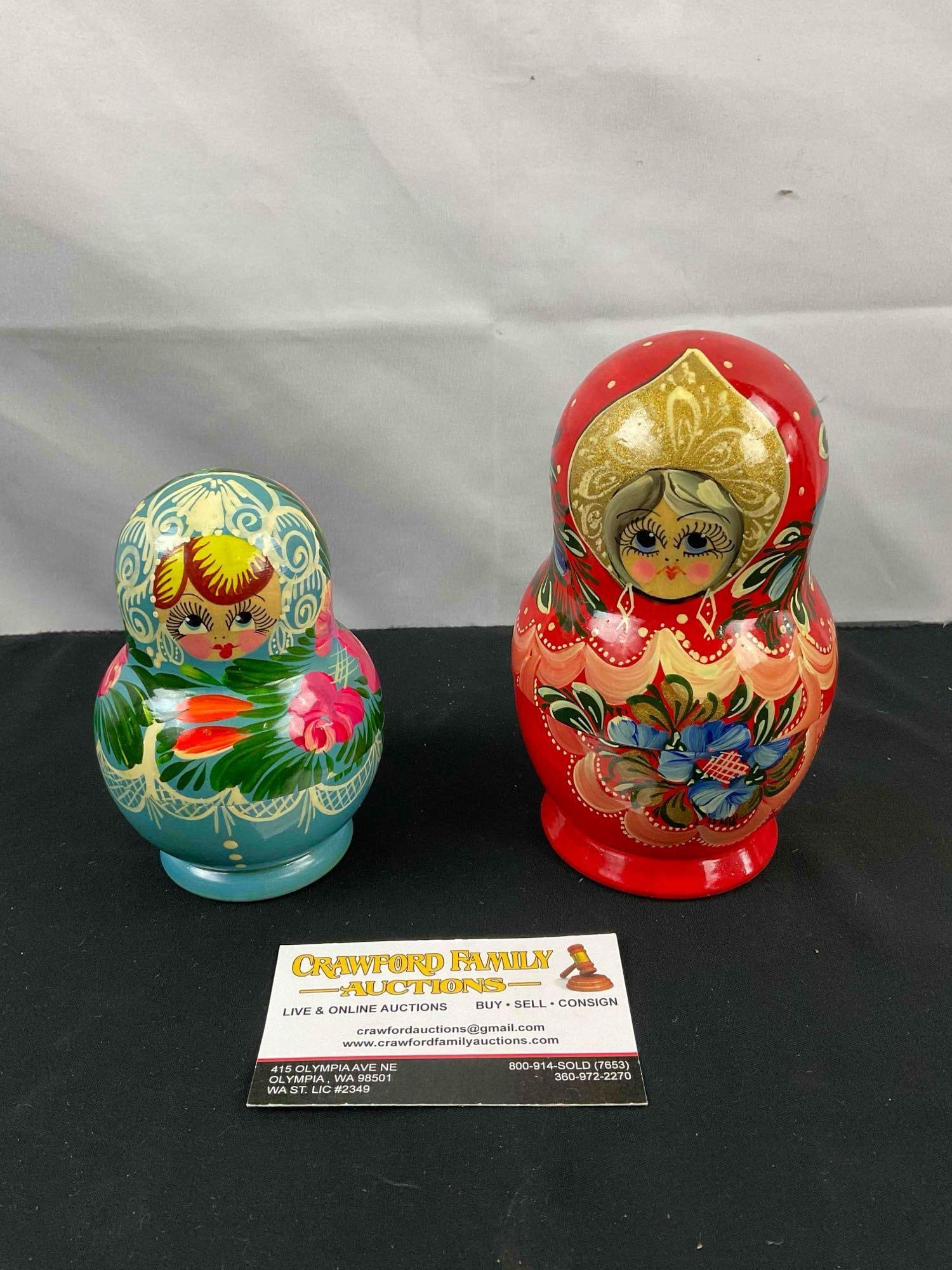 2 pcs Vintage Charming Hand Painted Russian Matryoshka Nesting Dolls. See pics.: 2 pcs Vintage Charming Hand Painted Russian Matryoshka Nesting Dolls. Larger measures 3" x 3" x 6" Very Good Condition. DM-3150