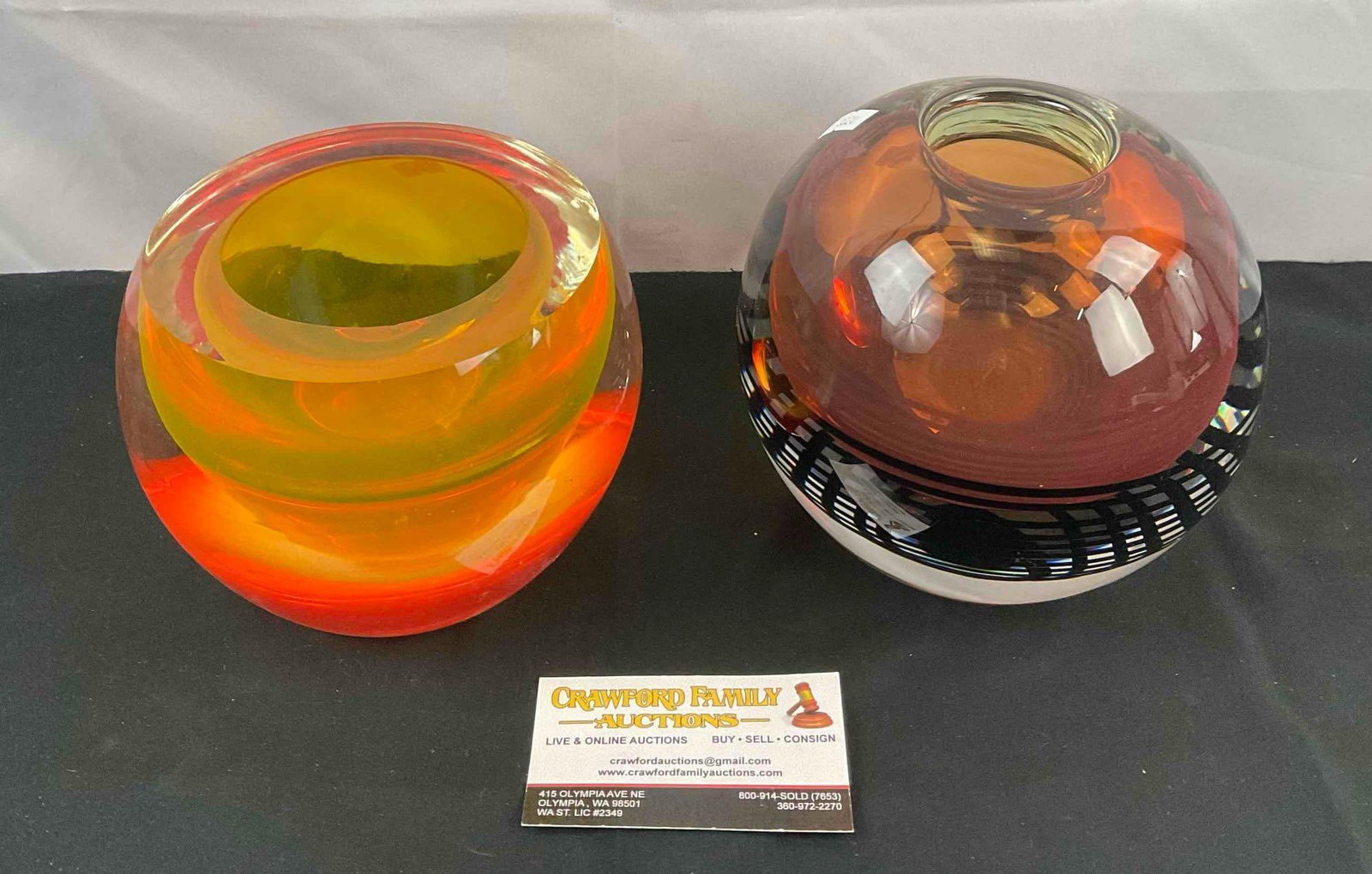 2 pcs Beautiful Orange Blown Unsigned Glass Bowl Vases. Very Good Condition. See pics.: 2 pcs Beautiful Orange Blown Unsigned Glass Bowl Vases. Very Good Condition. Minor wear, condition is otherwise very good. Larger measures 7" x 7" x 7" DM-3320