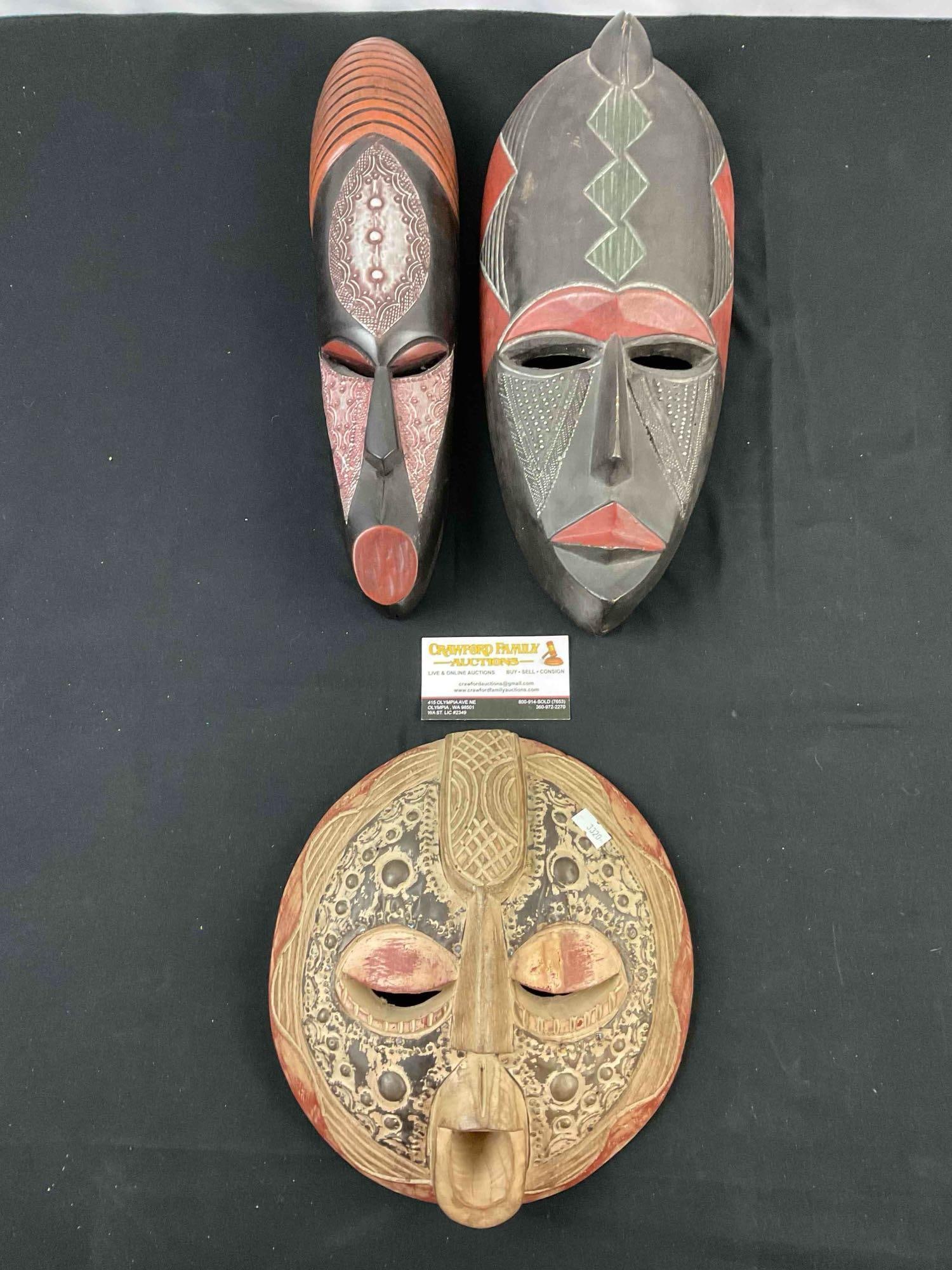 3 pcs African Style Carved Wooden & Metal Decorative Masks. Very Good Condition. See pics. (1 of 9)