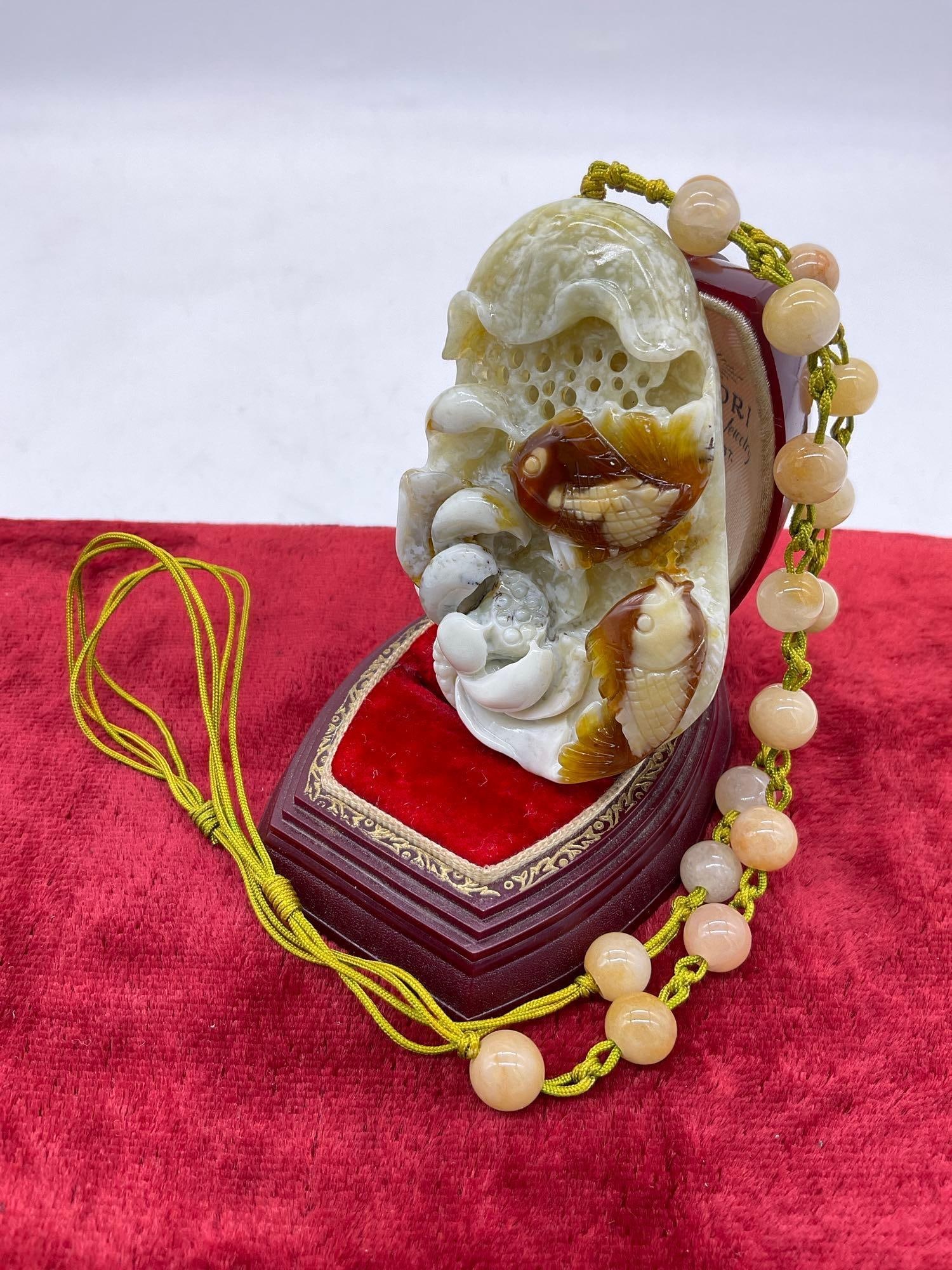 Very Detailed & Attractive Pendant of Jade Aquatic Fish scene w/ Knotted Jade Bead Necklace (1 of 4)