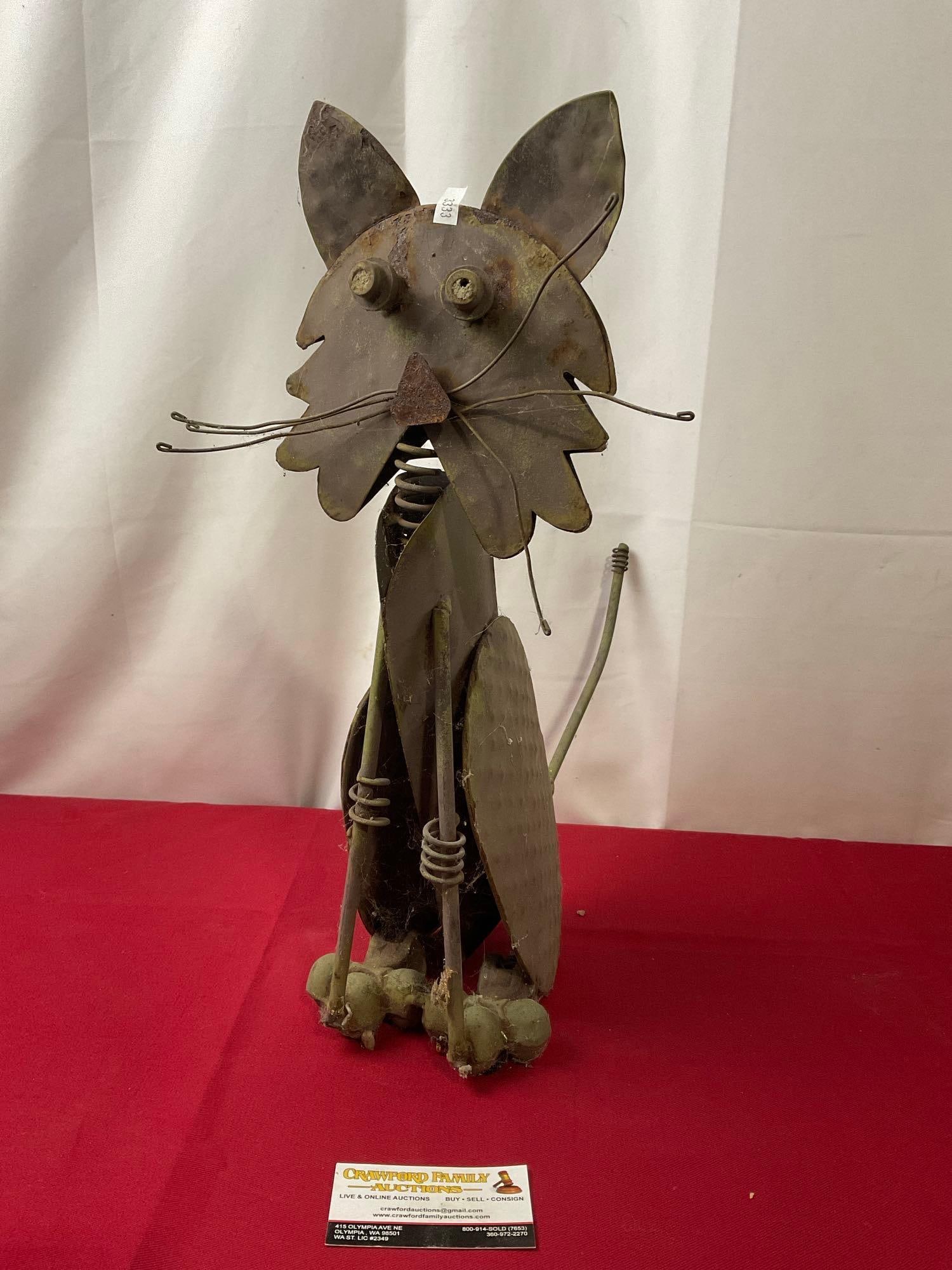 Handmade Sheet Metal Art Cat, w/ Wire and Spring Details, 19 inches tall: Appears to have been handmade out of sheet metal and odds and ends. The piece measures approx 19h x 6w x 14d inches. See pics. E-3333
