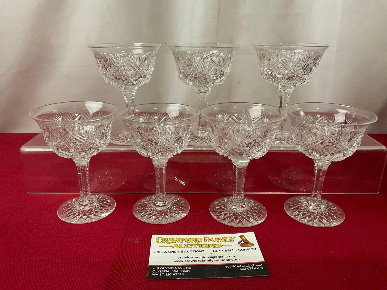 Set of 7 Crystal Sherry Glasses, 4 inches tall, Finely detailed cut glass: Appears to be in good shape. The glasses measure approx 4 inches tall. See pics. E-3530