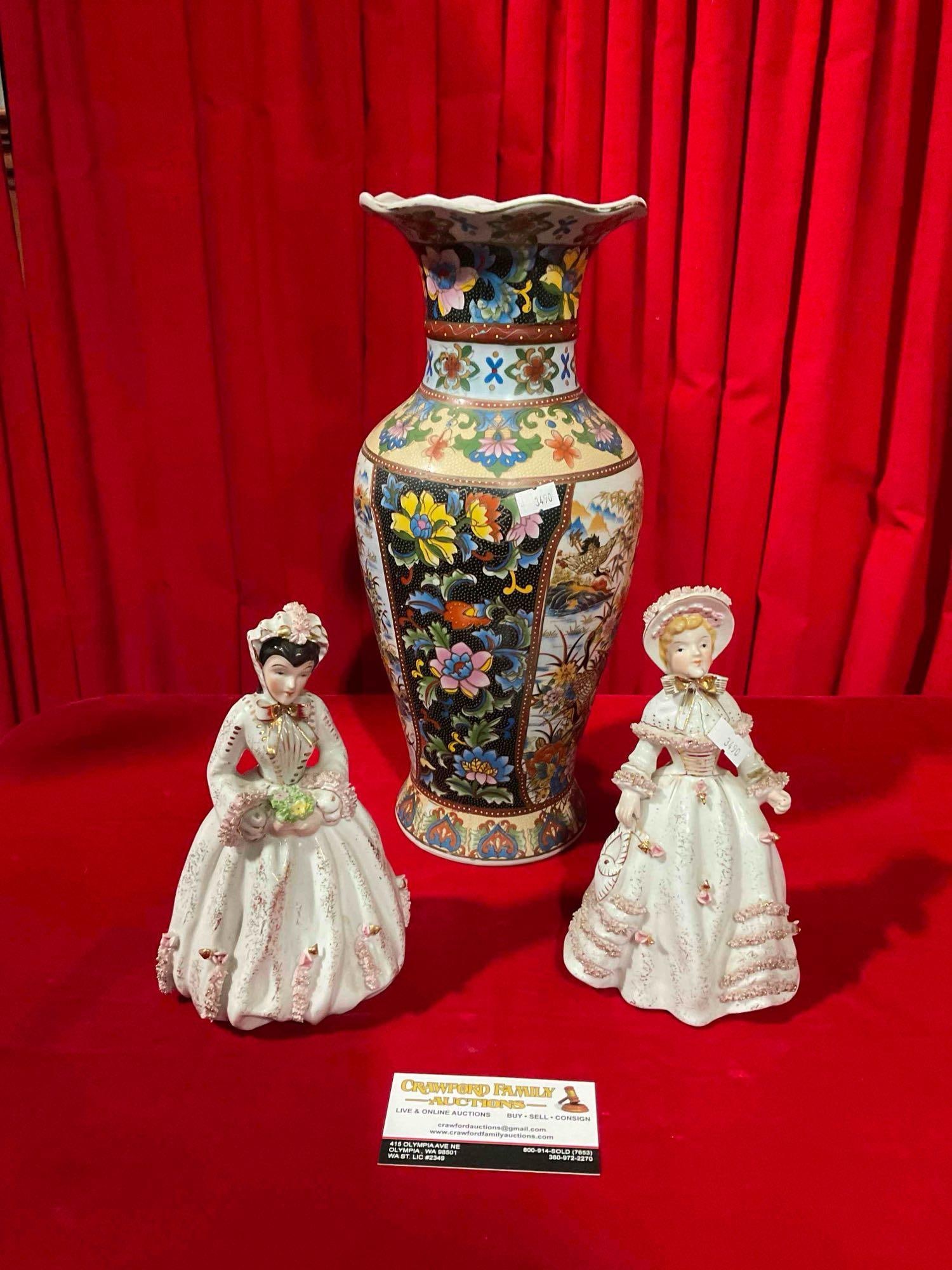 3 pcs Vintage Decorative Ceramic Assortment. 2x Porcelain Ladies & 1 Vase. See pics. (1 of 6)