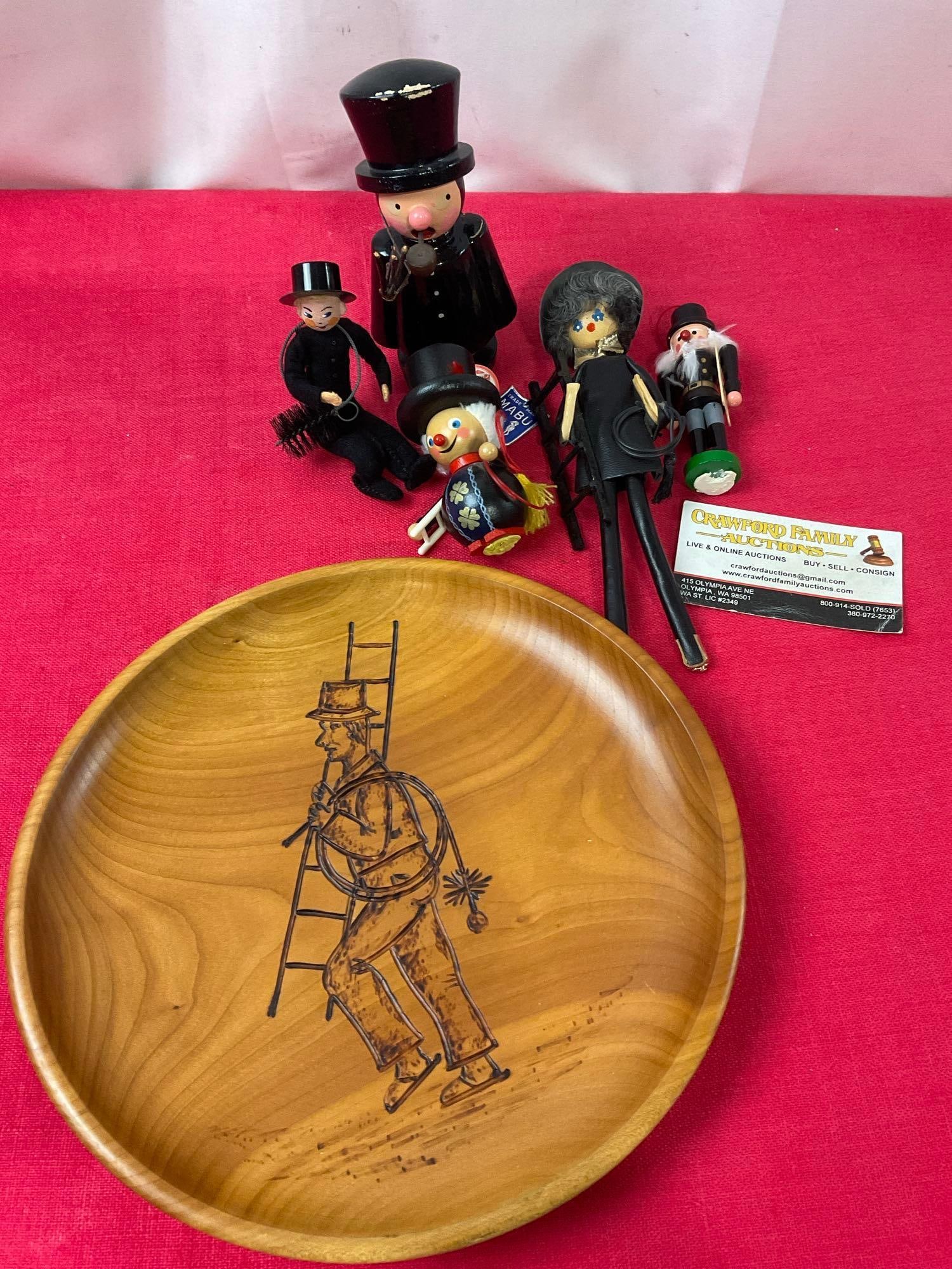 Small Collection of Chimney Sweep Figures, Carved handpainted Wood & Carved Plate, 8 inches: Appears to be in good shape. The plate measures approx 8 inches across. See pics. E-3510