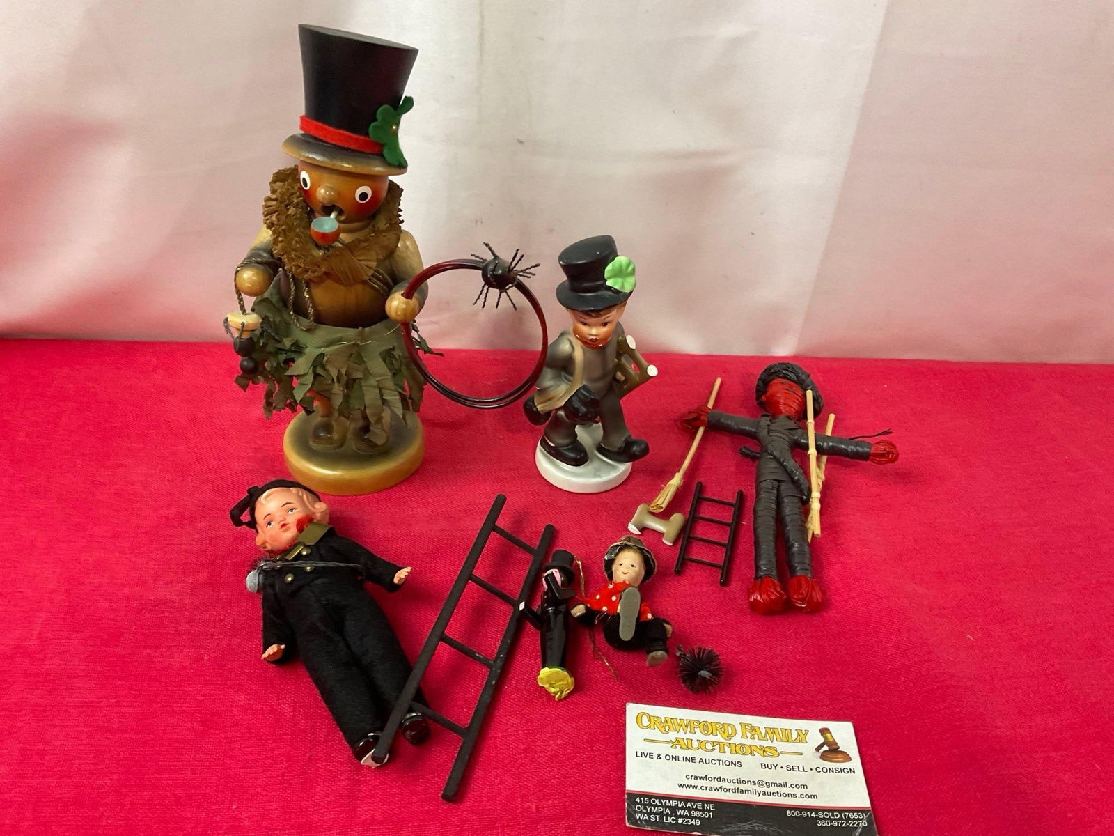 6 Chimney Sweep Figures, Carved Wood, Porcelain, and more: Appears to be in good shape. The taller piece measures approx 8.5 inches tall. See pics. E-3510