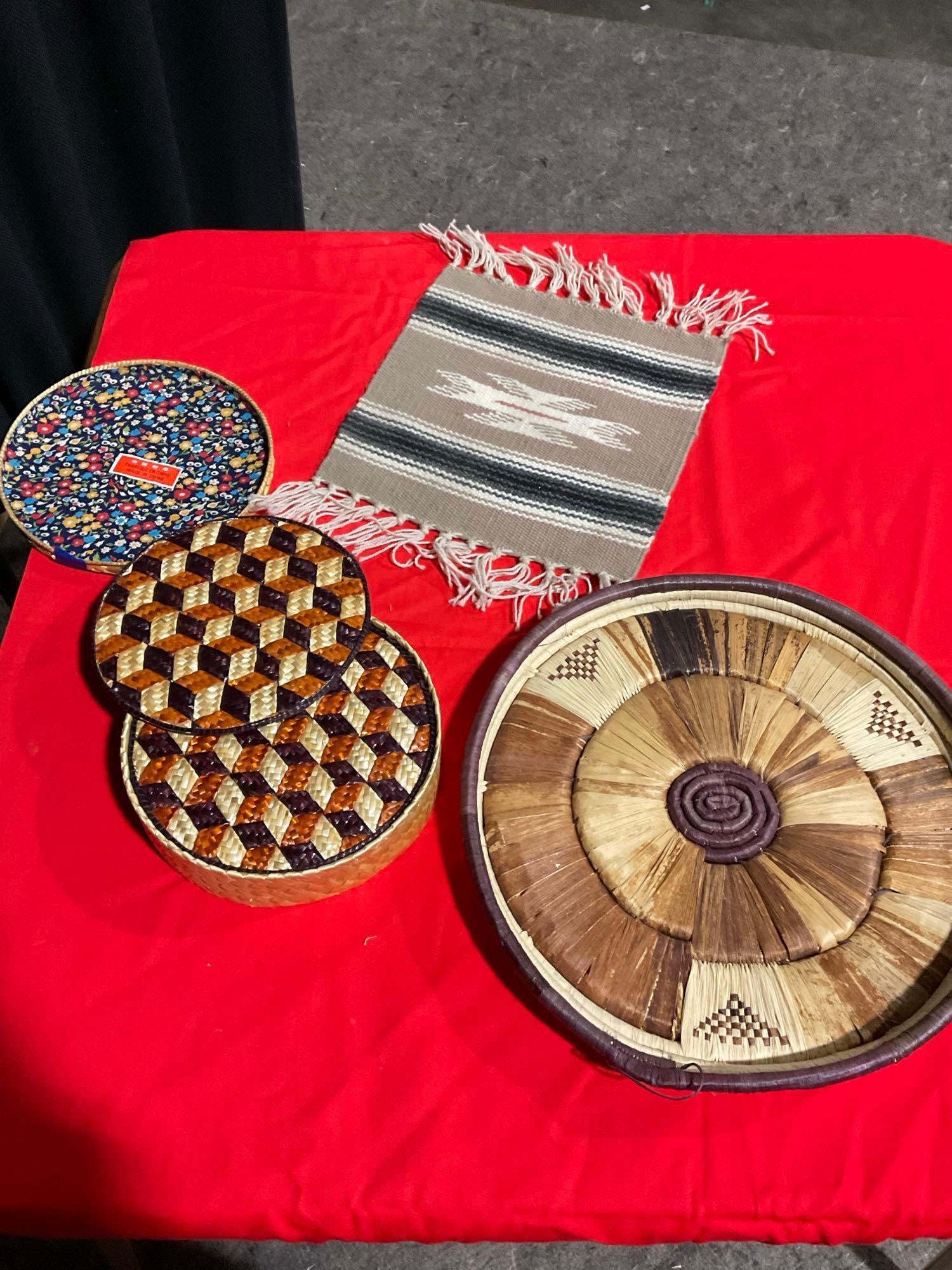 Selection of 8 Woven Trivets incl. basket weave style, & native rug style trivet.: All in good shape. Largest is 12" across. T-3520