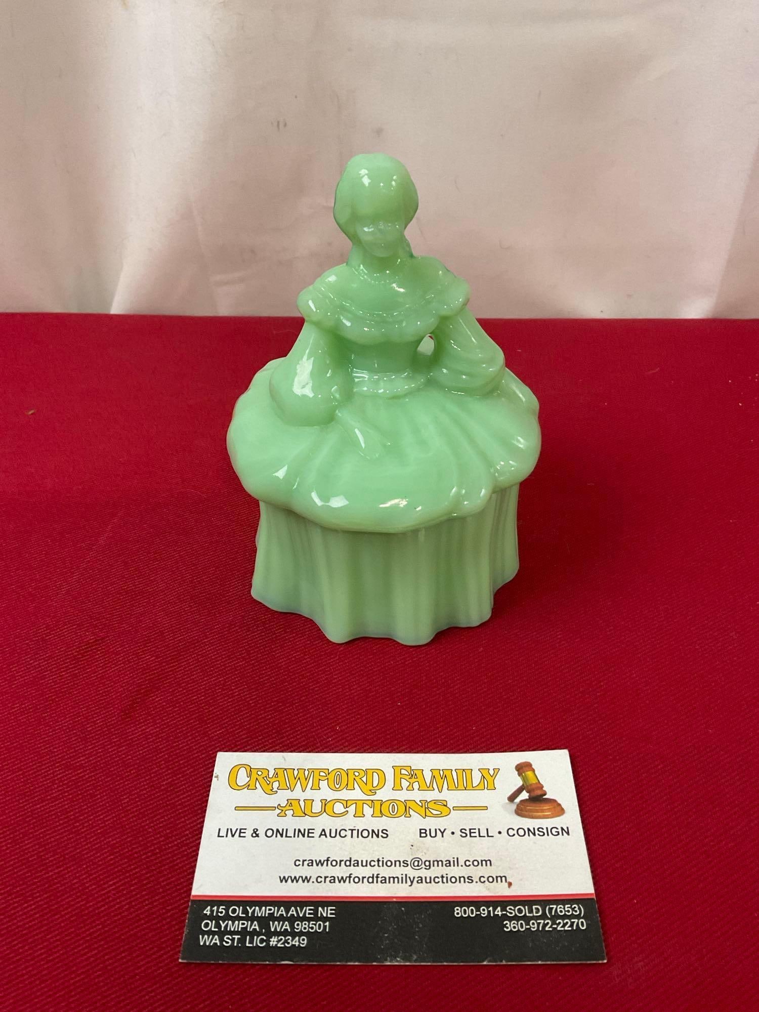 Vintage Mosser Jadeite Glass Jewelry Box, Victorian Lady Shaped piece, 5.5h x 3.5d (1 of 4)