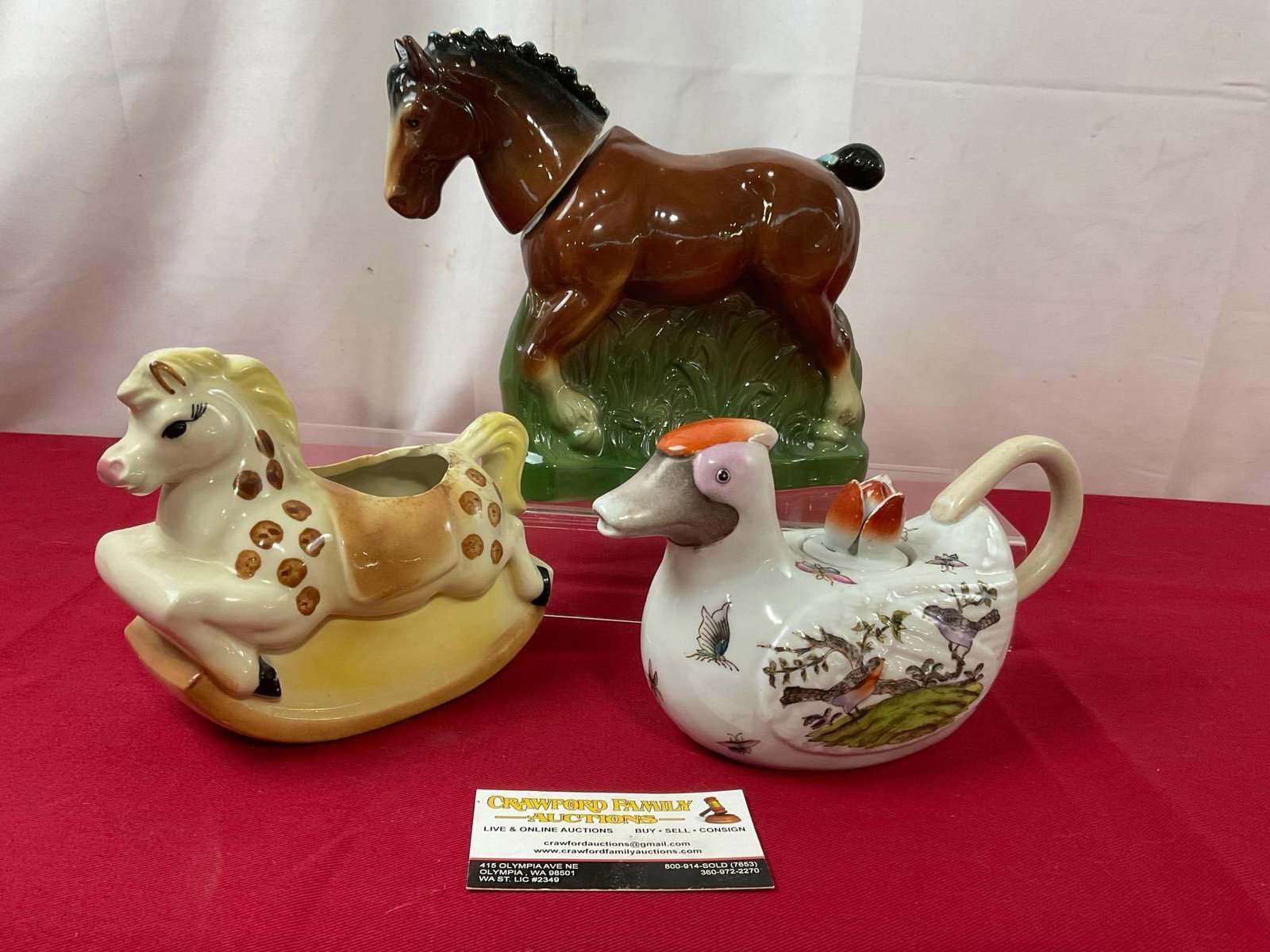 Vintage Wong Lee Duck Shaped Teapot, Rocking Horse Planter & Ezra Brooks Horse Bottle, 9 inches t...: Appears to be in good shape. The bottle is marked Ezra Brooks 1974, is empty, the piece measures approx 9 inches tall. See pics. E-3640