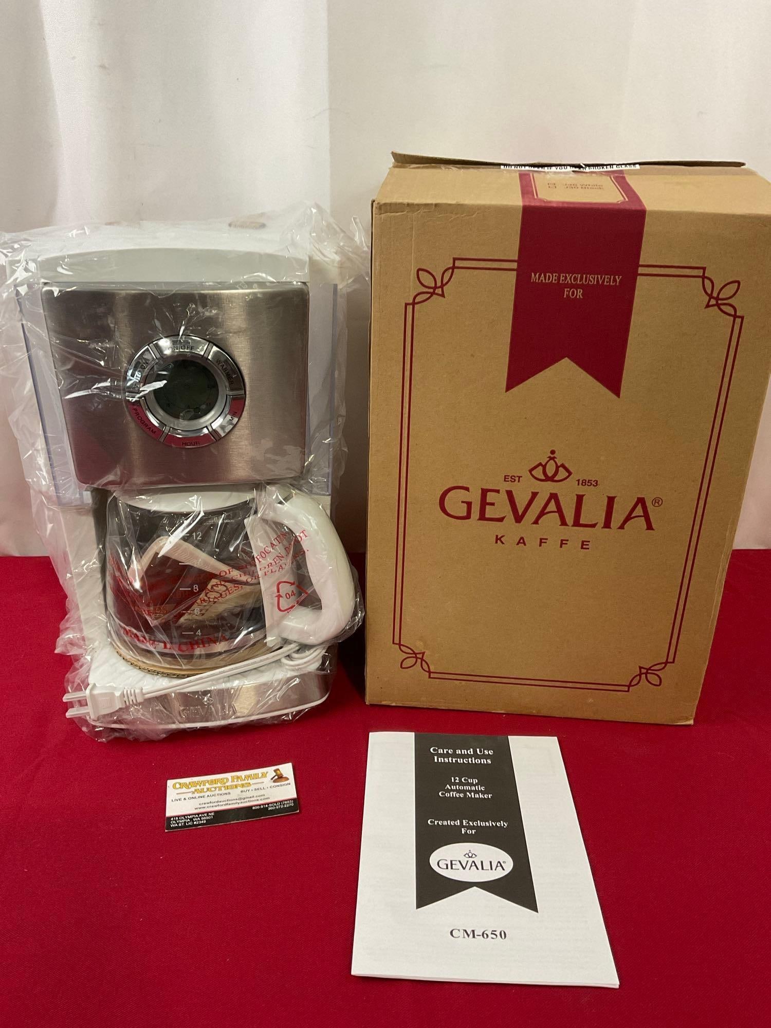 Gevalia J35 White, 12 Cup Coffee Maker w/ Glass Carafe, NIB: Still in packaging, opened for pictures, tested and working. Appears to be in good shape. See pics. E-3690