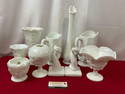 Westmoreland Milk Glass Collection, 10 pieces, Bud Vase, candlesticks, 2 Pitchers, Footed Vases