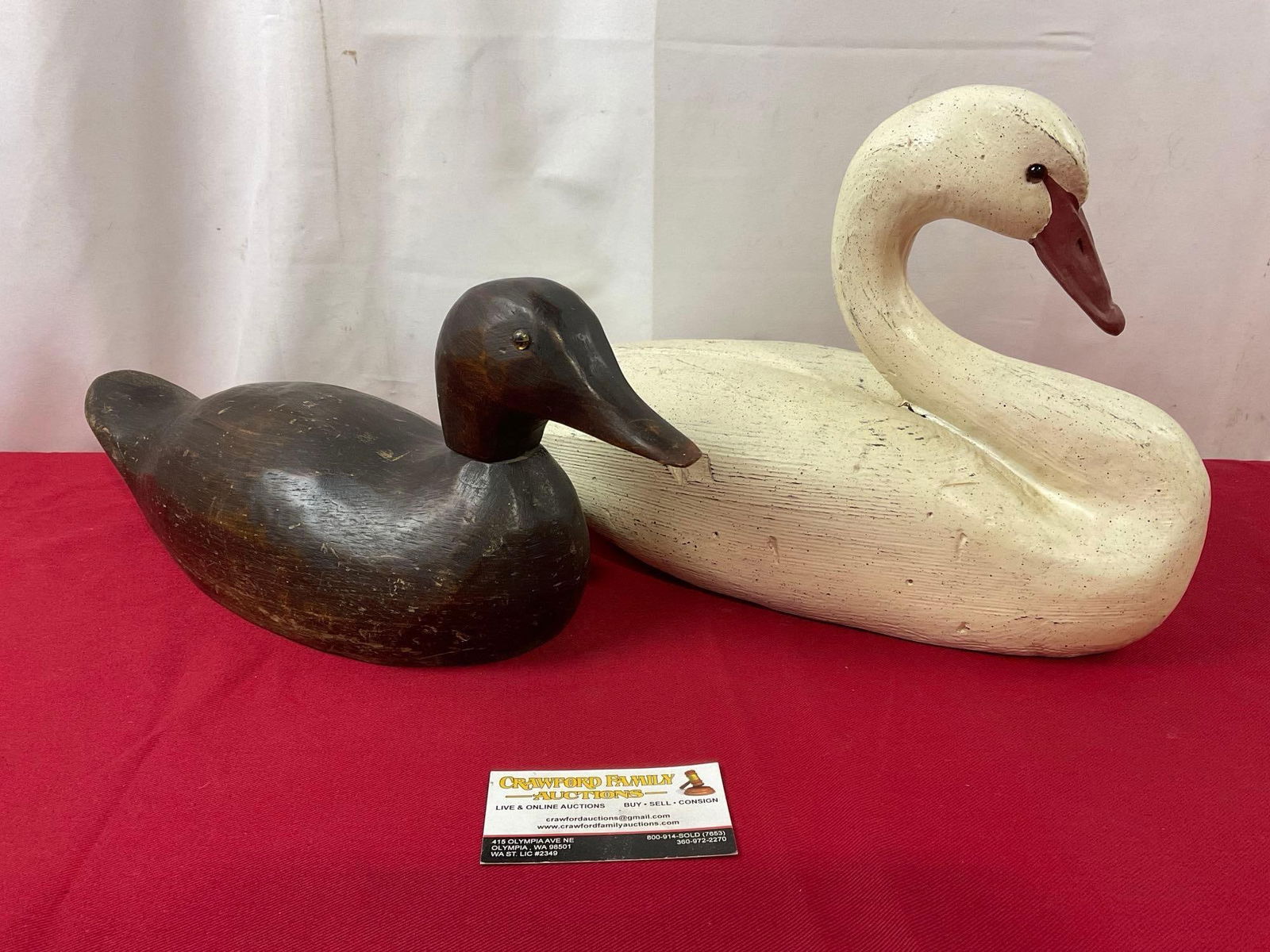 Pair of Vintage Wooden Decoys, Dark Brown Duck & White Swan, larger is 10H x 16.5L (1 of 5)