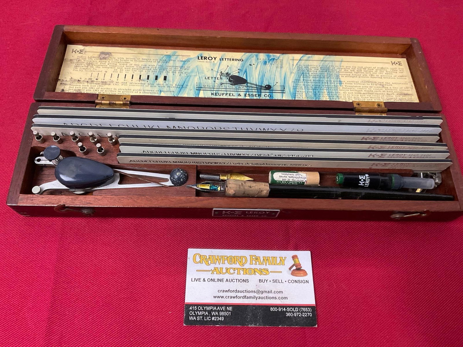 K&E Leroy Lettering Kit, Keuffel & Esser co. Wooden box, w/ Rulers, compass and pen nibs (1 of 4)