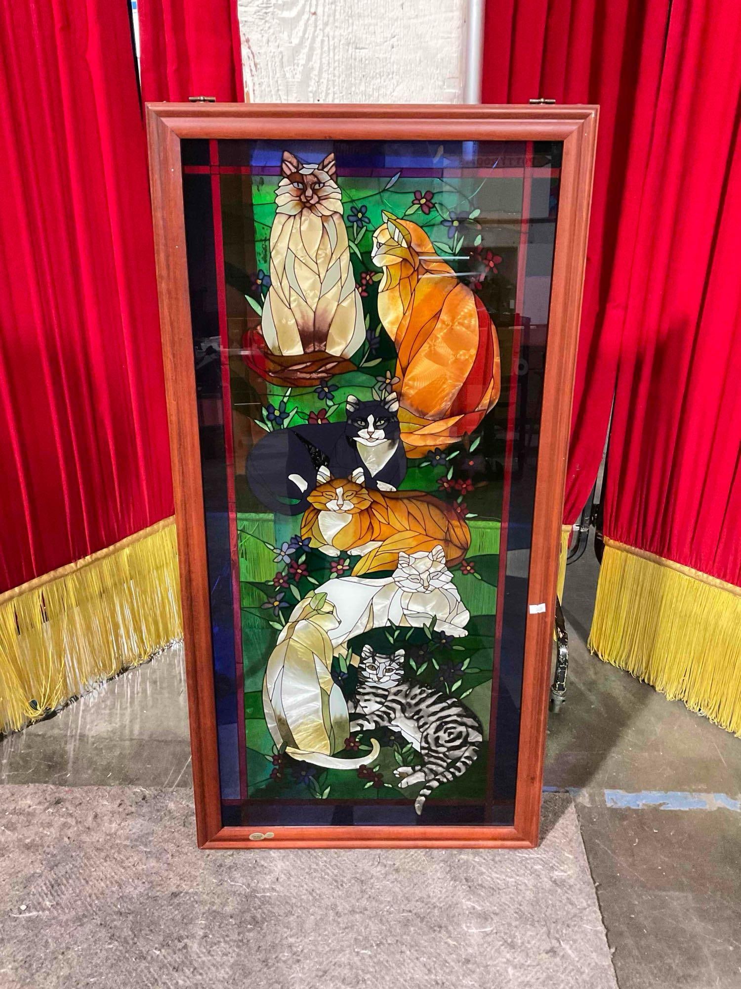 Tiffany Style Faux Stained Glass Sun Catcher Panel w/ Cats. Excellent Condition - Composite mater... (1 of 7)