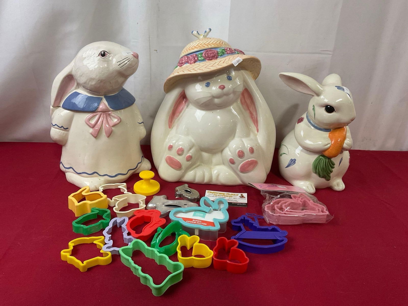 Three Bunny Cookie Jars, Lenox Poppies on Blue, and two more, various cookie cutters: Appears to be in good shape. The taller piece measures approx 11 inches. See pics. E-3640