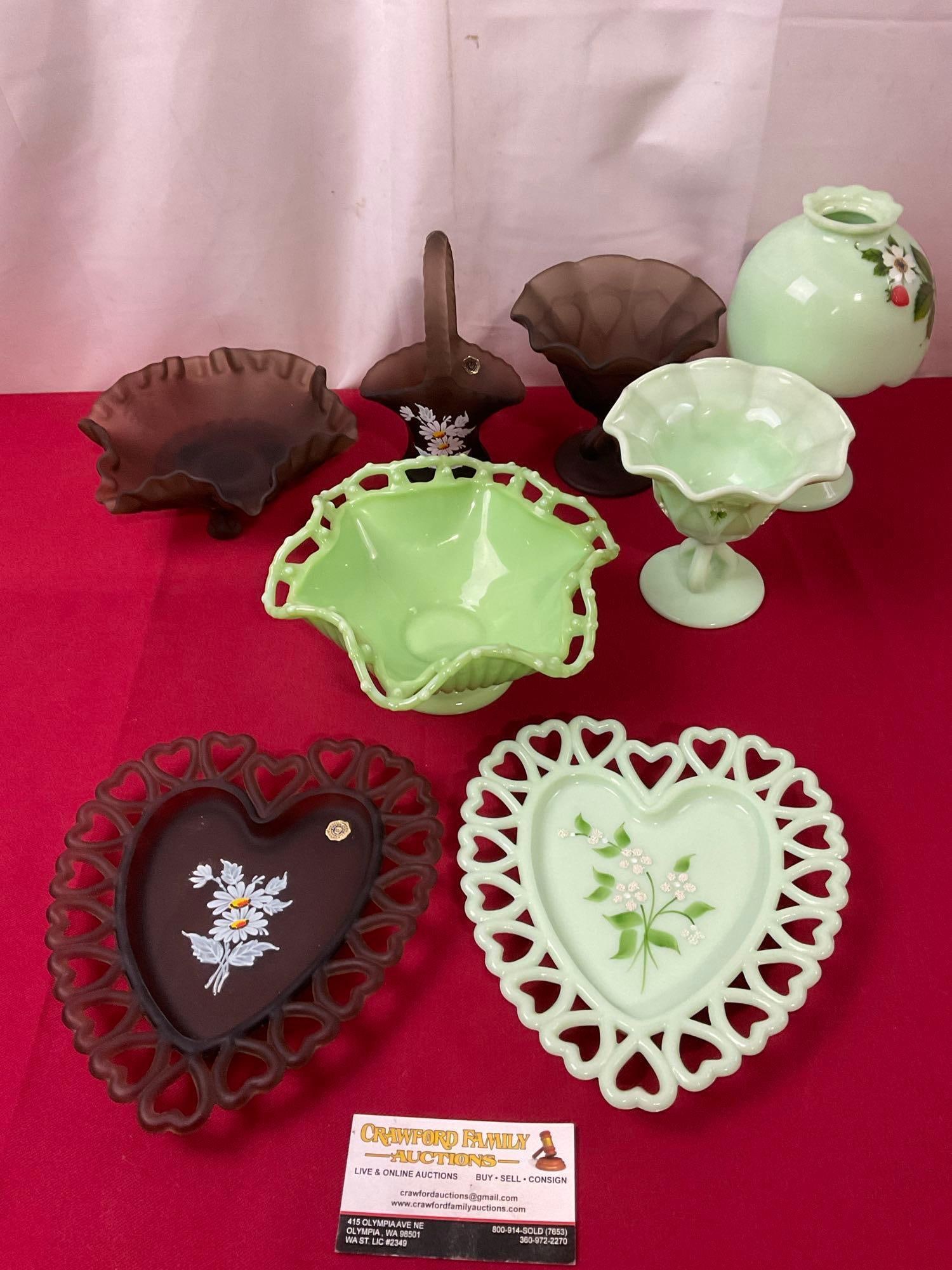 Jadeite & Smoke Glass by Westmoreland, matching cups & Heart-Shaped Dish, and more, 8 pcs (1 of 3)