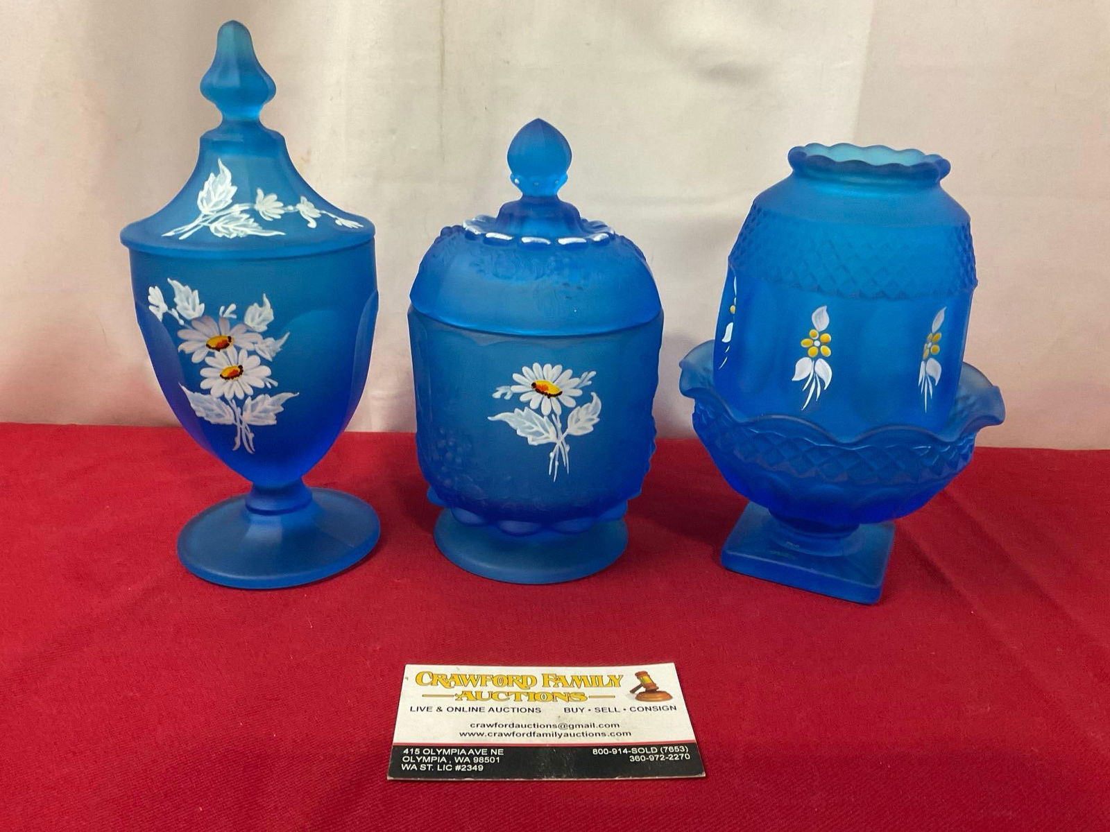Set of Three Westmoreland Glass Blue Frosted Handpainted Candleholder, Sugar & Lidded Glass (1 of 4)