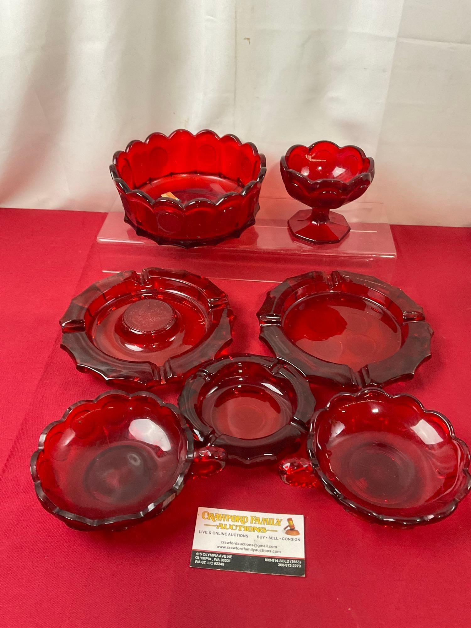 Westmoreland Coin Glass, Red, 3 Ashtrays, Pair of Handled Dishes, Large Bowl & Goblet (1 of 4)