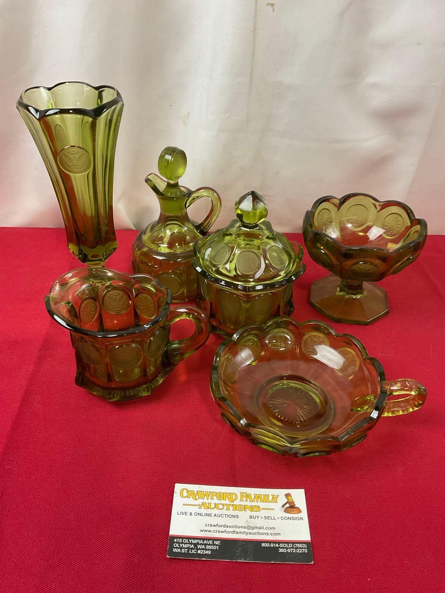 3 Pieces of Vintage Westmoreland Coin Glass, Green Footed Bowl, Cream & Sugar, Vase & more: Ewer, Dessert Cup, Cream & Sugar, Vase, Handled Dish. Appears to be in good shape. The vase piece measures approx 8 inches tall. See pics. E-3680