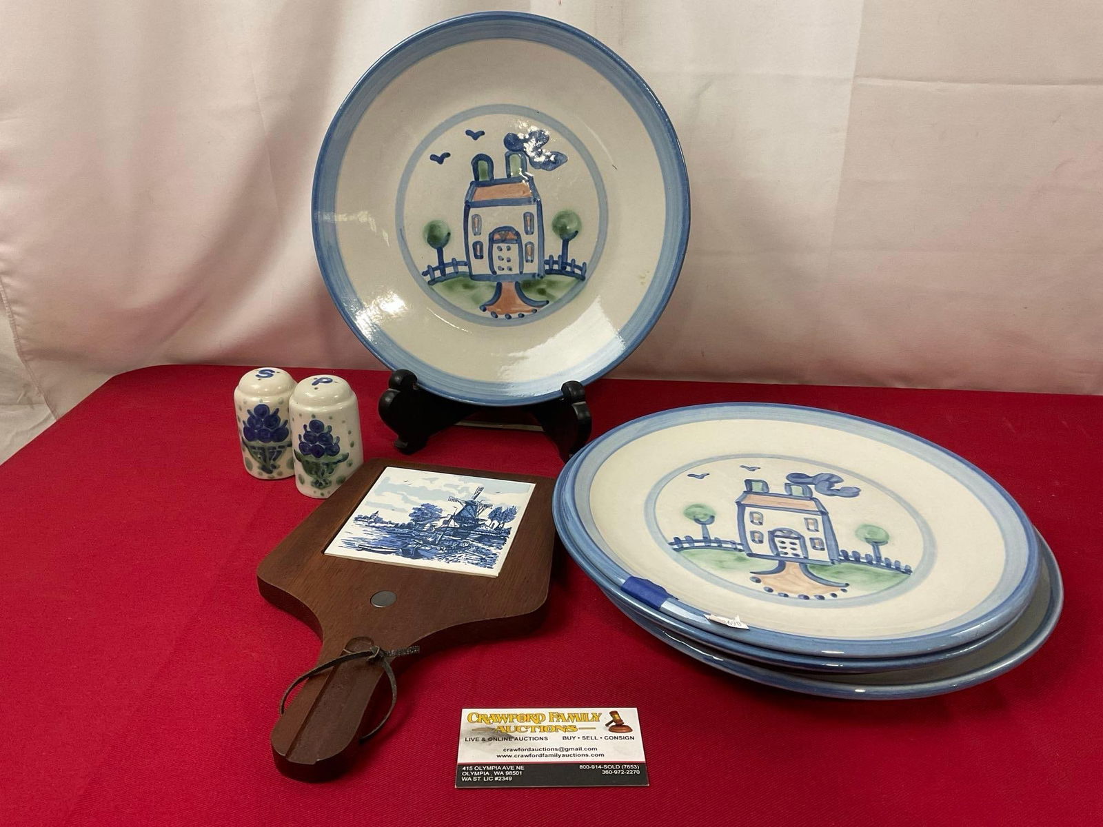 4 M.R. Hadley Plates 11 inch, Delft Wood & Porcelain Trivet, Salt & Pepper Shakers, Handpainted: Appears to be in good shape. The plates measure approx 11 inches in diameter. See pics. E-3690