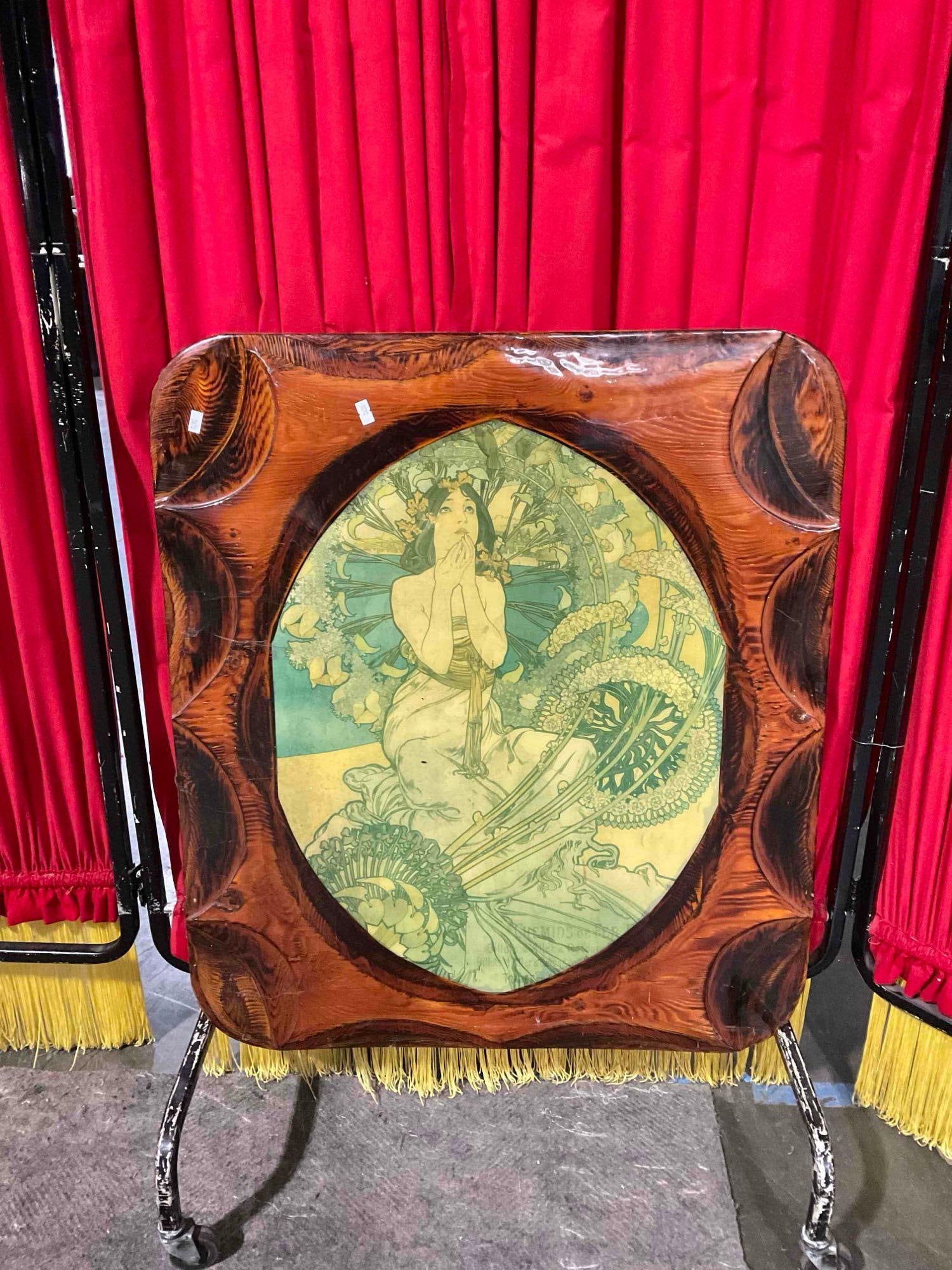 Vintage Resinated Wood Panel w/ Reproduction Alphonse Mucha Paper Art Print. See pics.: Vintage Resinated Wood Panel w/ Reproduction Alphonse Mucha Paper Art Print. Sun faded, has some wear indicative of age and needs new wire on back, condition is otherwise good. Measures 27" x 30" DM-3
