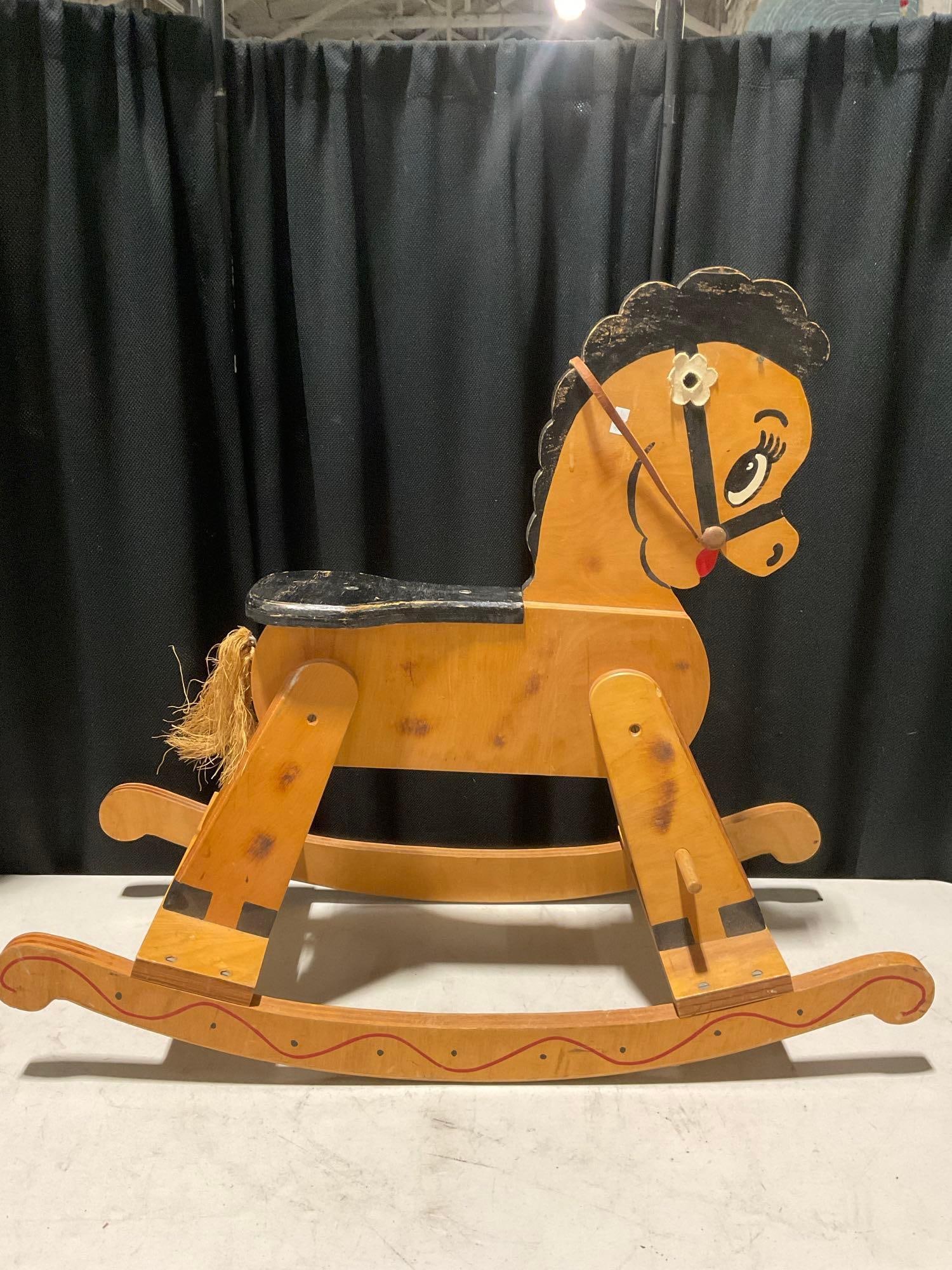MCM Solid Wooden Rocking Horse - Nice design - Fair cond: Missing ear, & Handlebar. Cute piece. T-3570 Measures 30" x 16" x 29" *Freight Required if shipped*