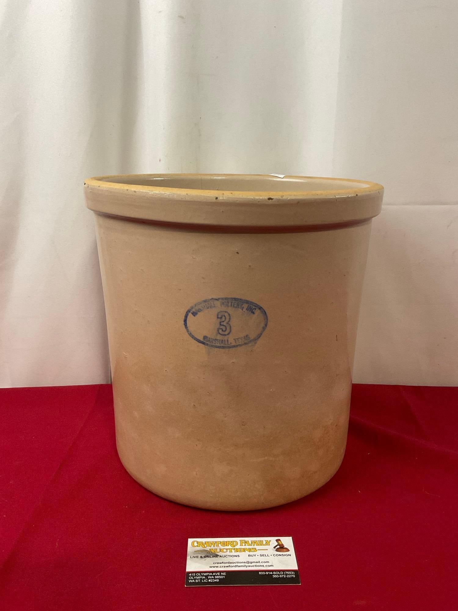 Antique Marshall Pottery 3 Gallon Crock, beige in color, glazed stoneware, 12h x 11d (1 of 4)