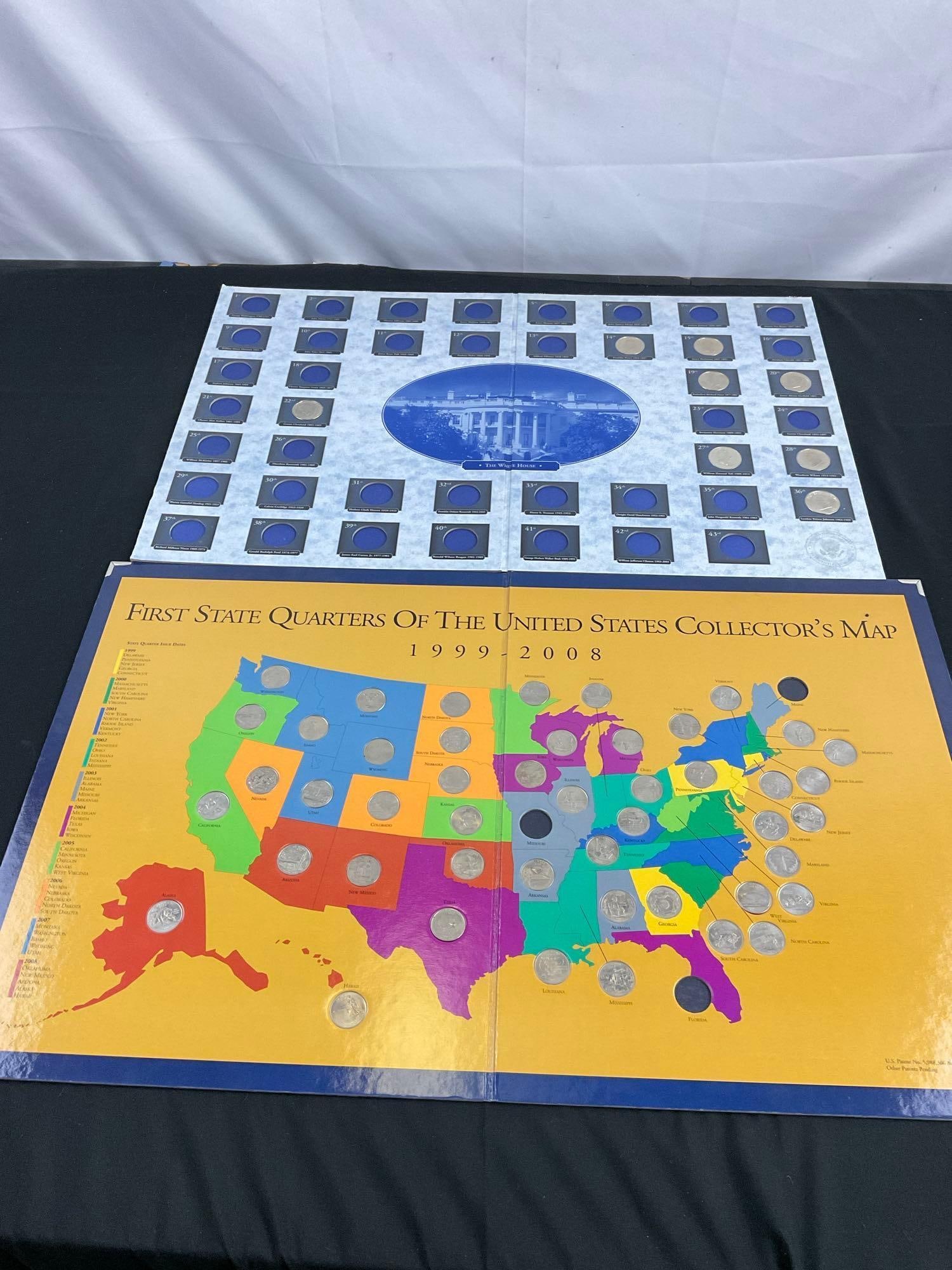 1st State Quarters of the US 1999-2008 in a collectors map folder + US Presidential $5.00 coins (1 of 6)