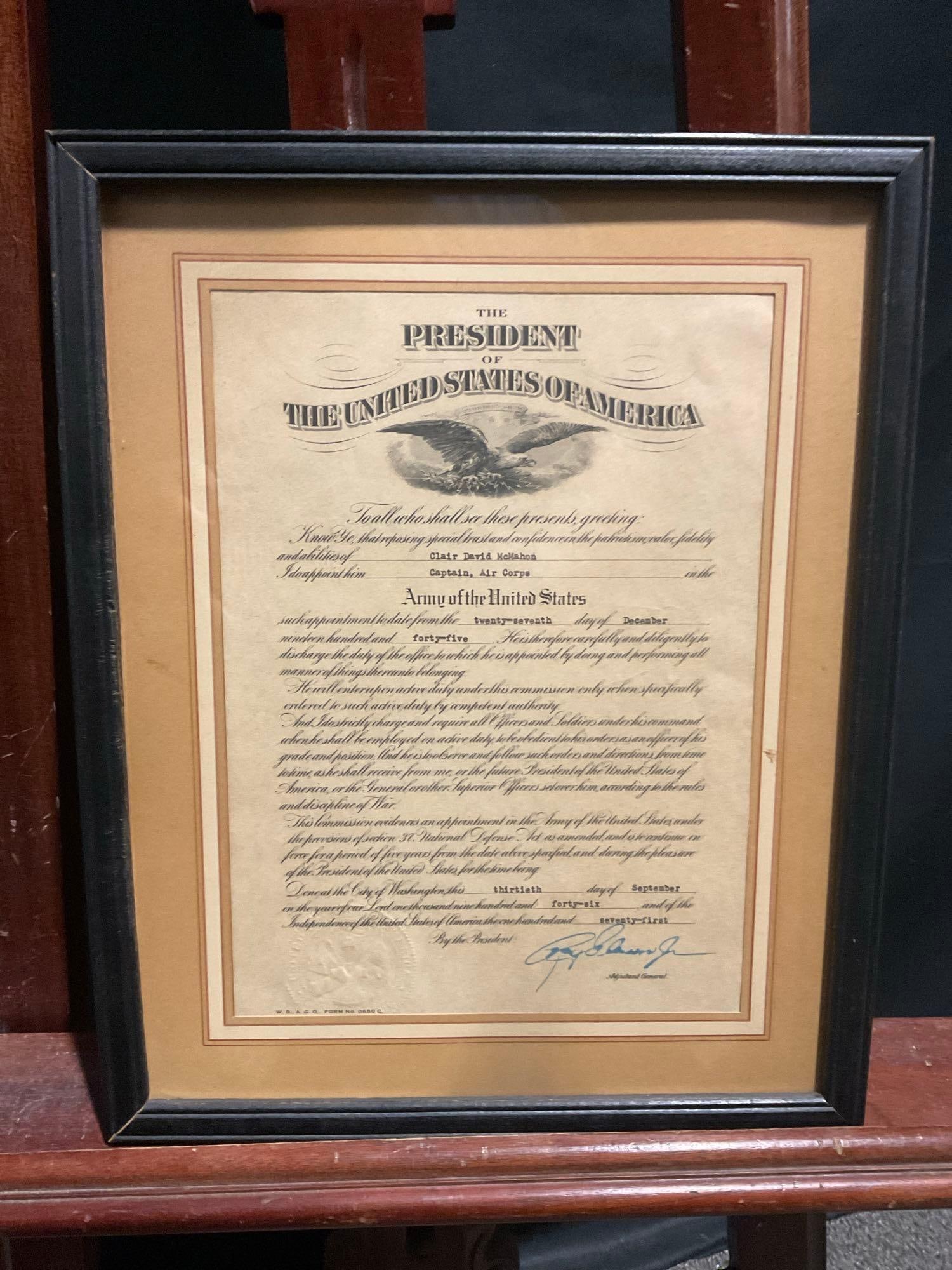 Framed 1945-46 US Army Air Corps Captain Commission 15h x 12w inches (1 of 6)