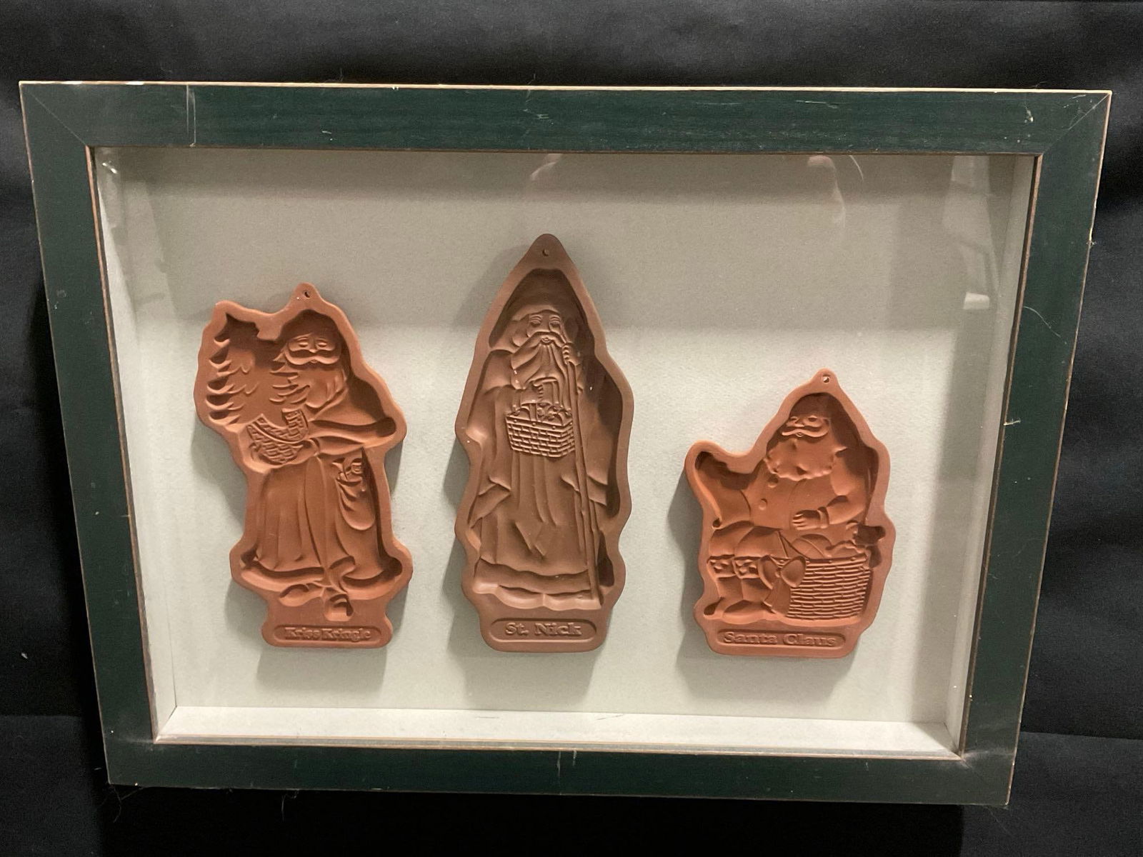 Framed in Shadowbox, Three Terracotta Cookie Molds, Kriss Kringle, St. Nick & Santa Claus (1 of 4)