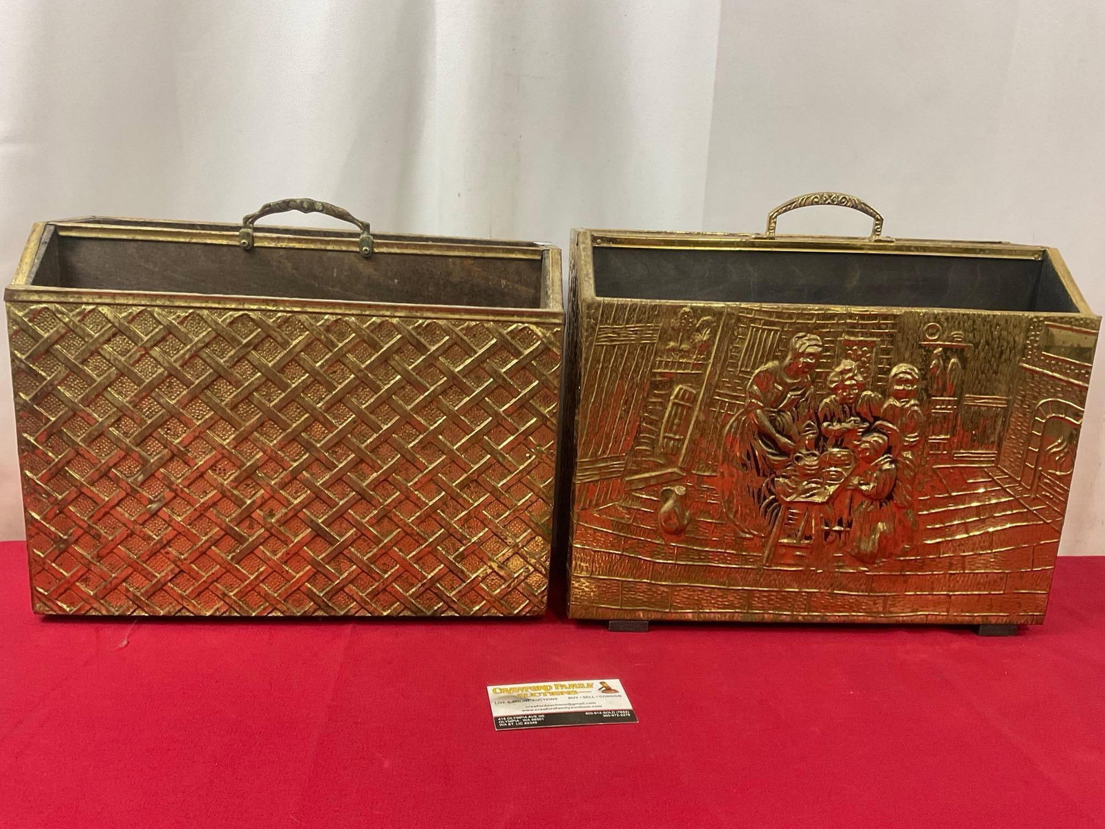 Pair of Embossed Brass Wrapped Repousse Magazine Rack, largest is 11.5h x 15w x 6d inches: Appears to be in good shape. The slightly taller piece measures approx 11.5h x 15w x 6d inches. See pics. E-3750